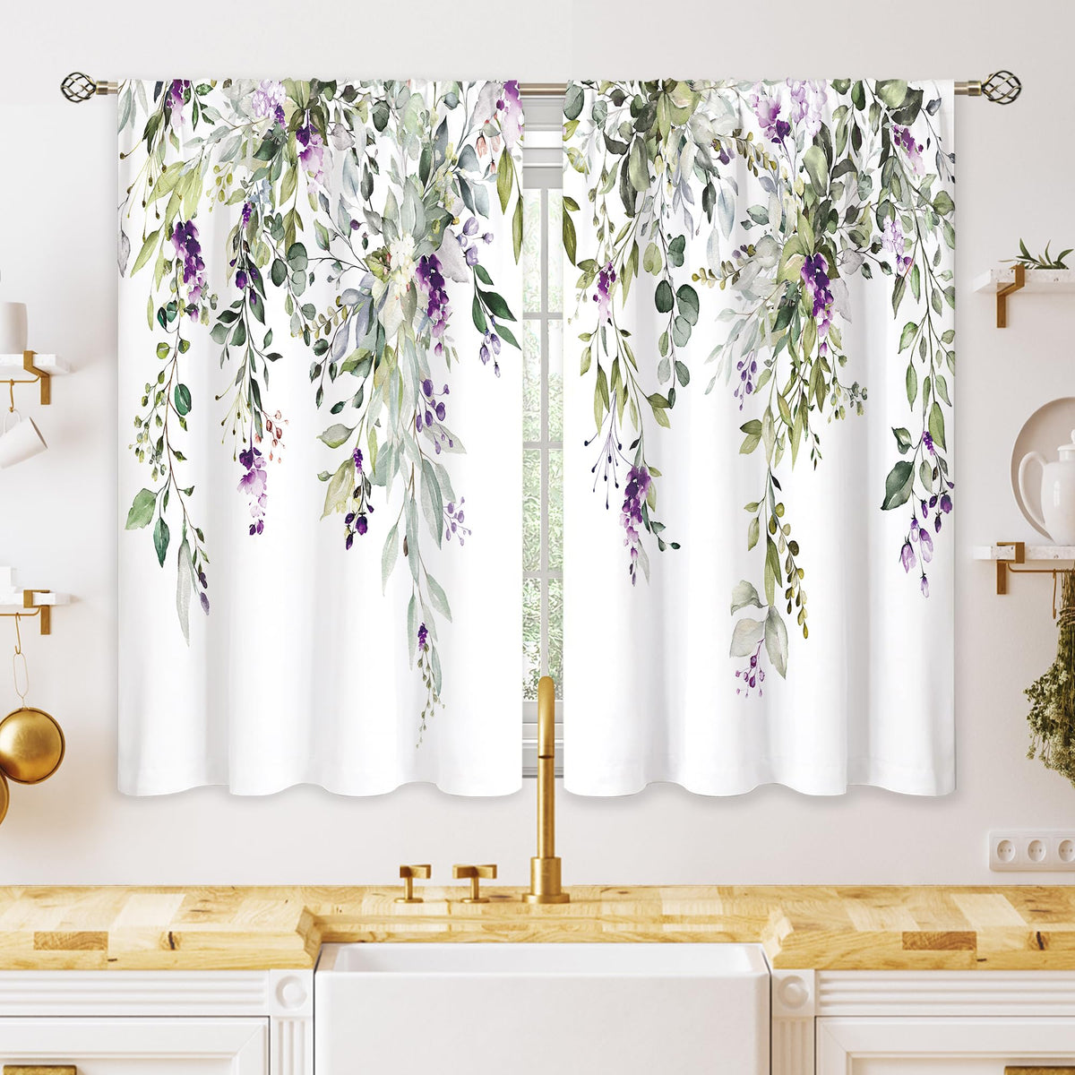 Eucalyptus Botanical Leaves Floral Kitchen Window Curtains Over Sink Boho Farmhouse Flower Leaf Small Window Treatment Sage Green Cafe Short Curtains for Bathroom Tier Drapes 27.5x39 inch