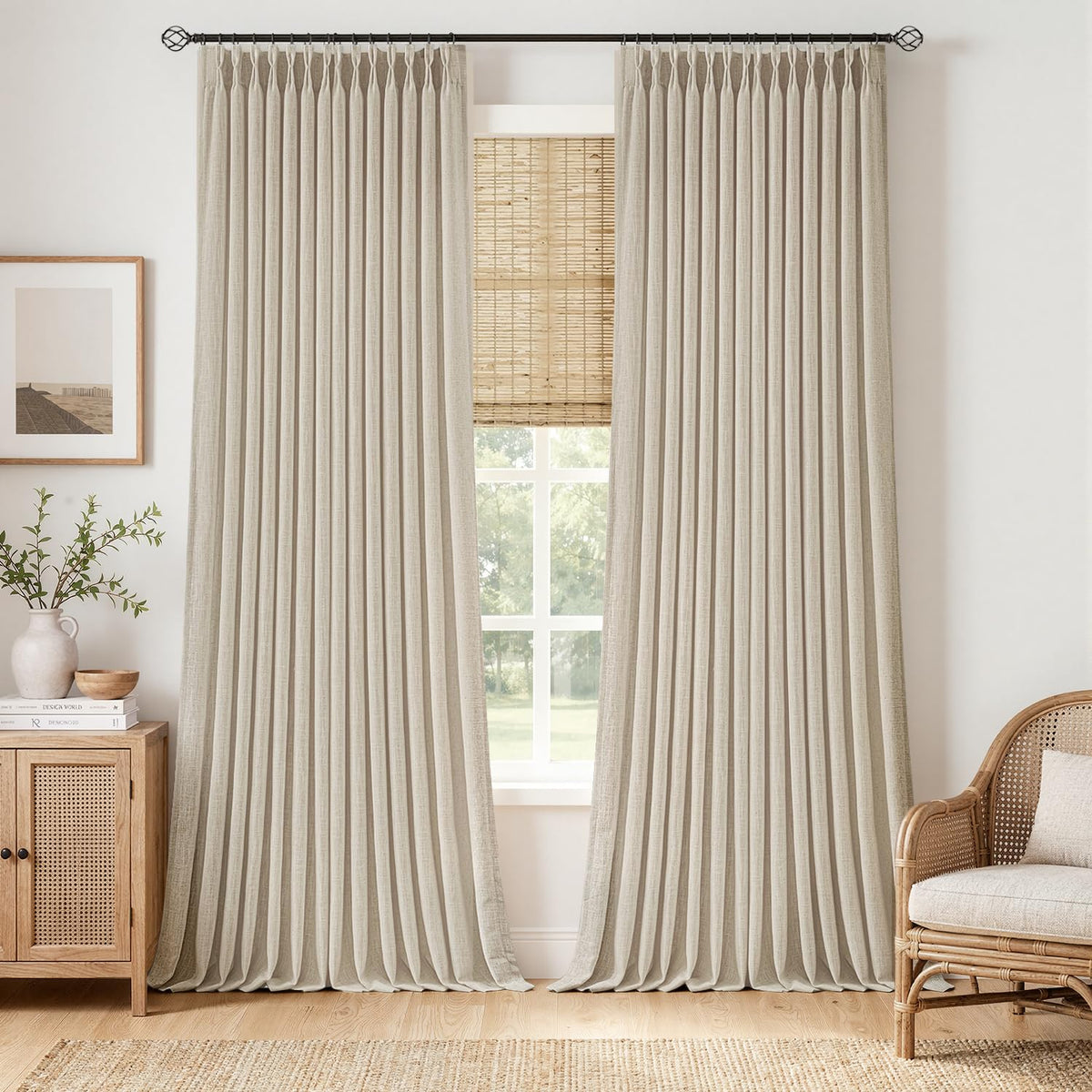 MIULEE Pinch Pleated Thick Linen Curtains 36 Inches Long 2 Panels Natural