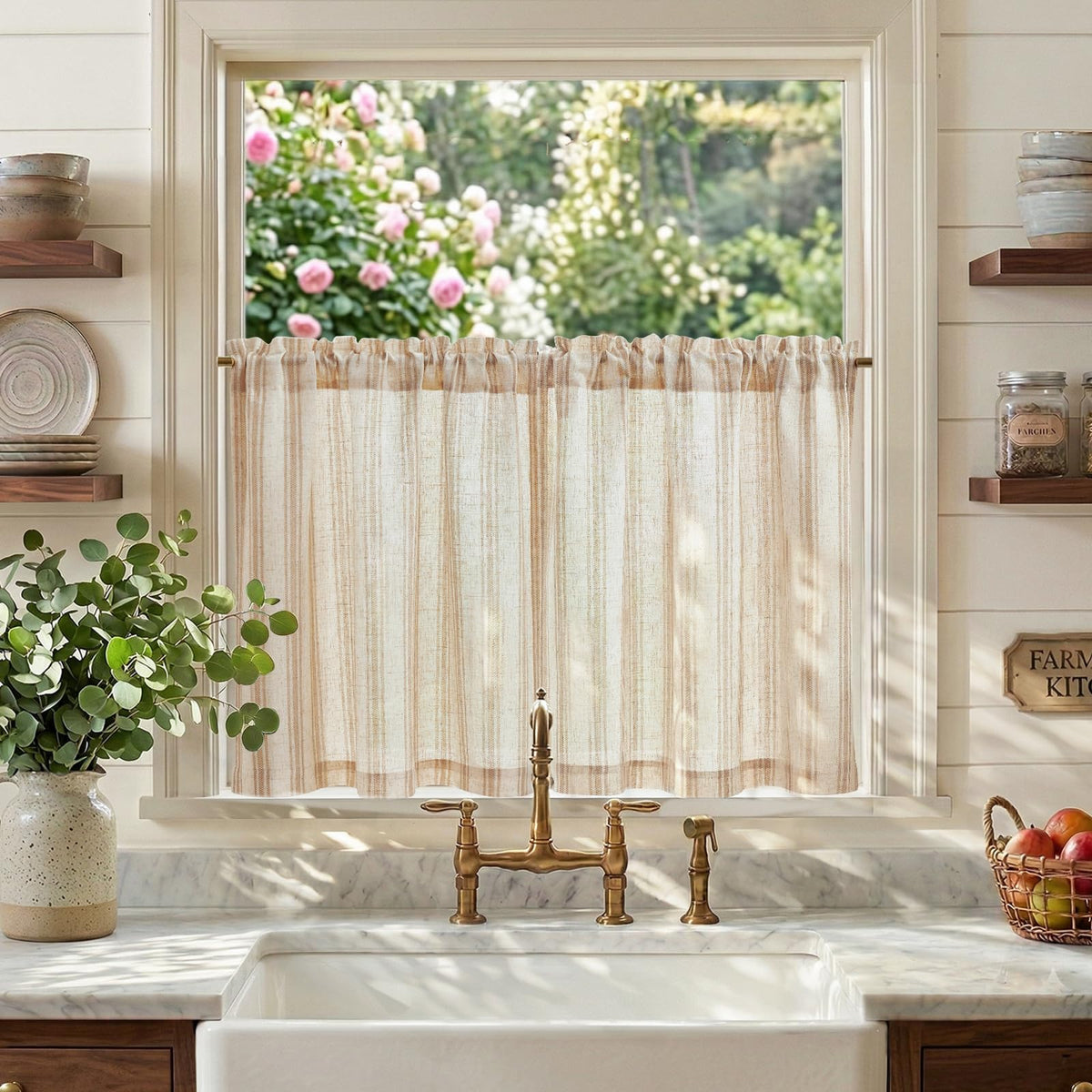 jinchan Linen Striped Tier Curtains for Kitchen Windows Farmhouse