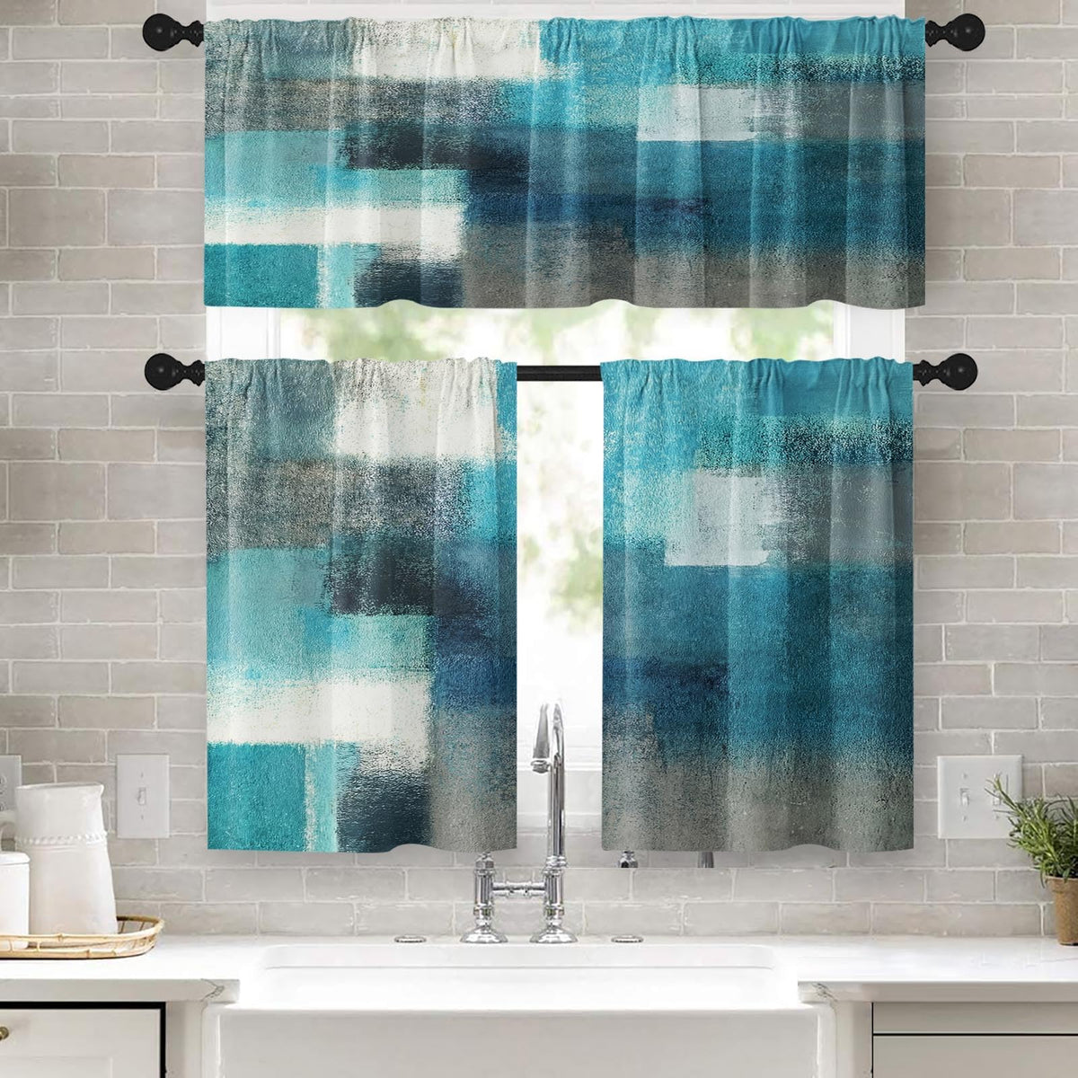 Kitchen Curtains Sets for Windows, 52x36 Inch, 3 Pack Abstract