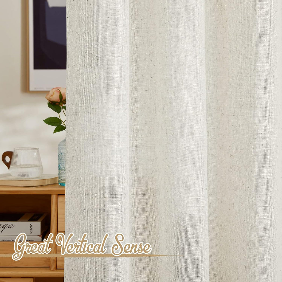 NICETOWN Natural Linen Kitchen Curtains 26 inches Long, Rod Pocket & Back Tab Semi Sheer Flax Window Treatments Rustic & Cute for Cafe/Kids Room, W37 x L26, 2 Panels