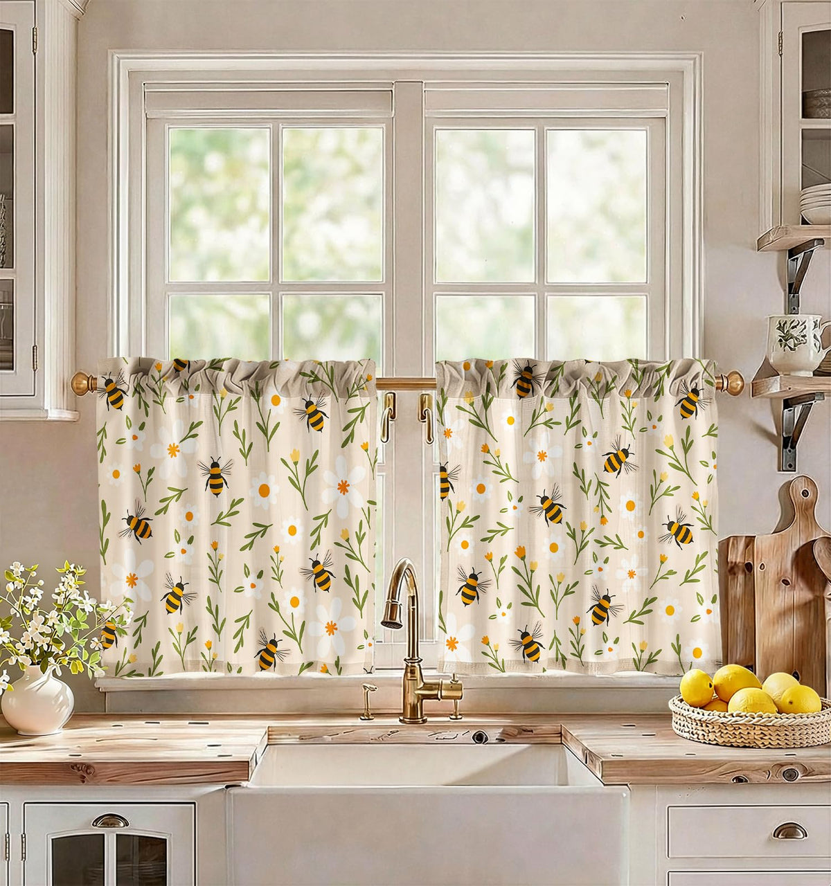Miss Adola 36 Inch Length Kitchen Tier Curtains, Floral Cat