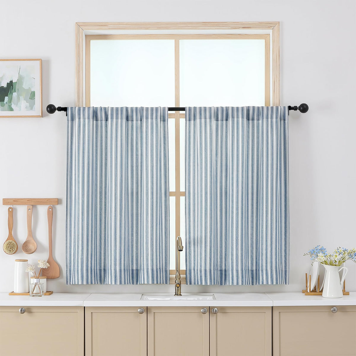 Chyhomenyc Striped Short Curtains 36 Inch Length - Light Filtering Faux Linen Living Room Tier Half Window Curtains, Farmhouse Modern Boho Curtain for Bathroom, 30Wx36L, 2 Pieces, Stone Blue