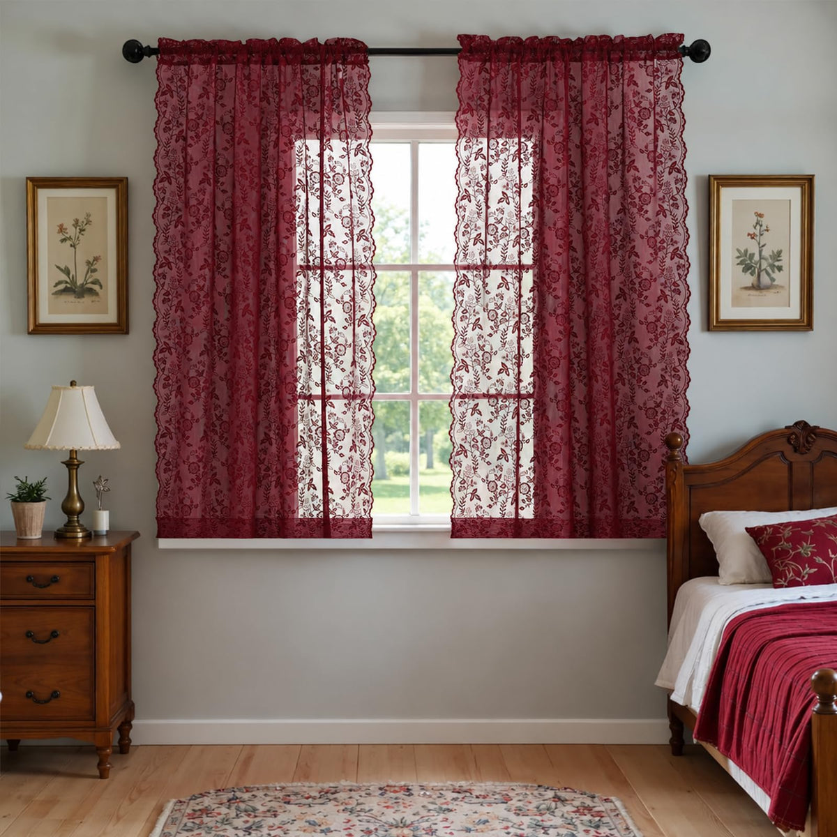 FINECITY Short Beige Lace Curtains Rustic Leaf Floral W42xL36 Inch 2 Panels