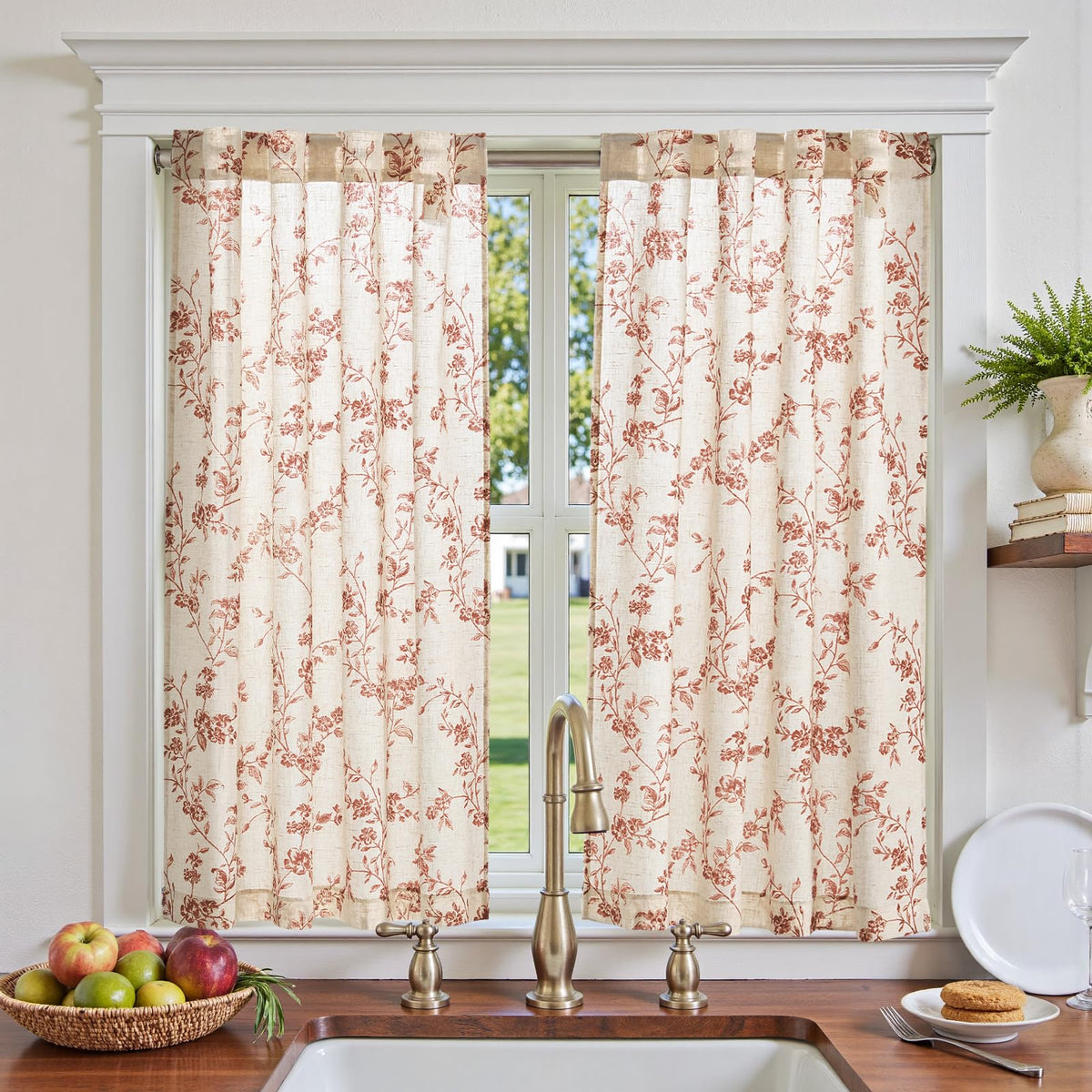 jinchan Floral Linen Kitchen Tier Curtains, 36 Inch, 2 Panels, Taupe