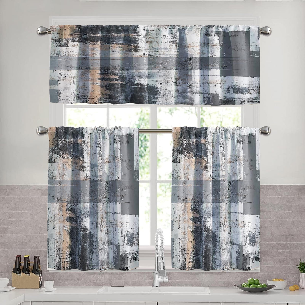 Blue Brown Kitchen Curtains Set, 3 Piece 52x36 Inch Valance & Tier Curtains