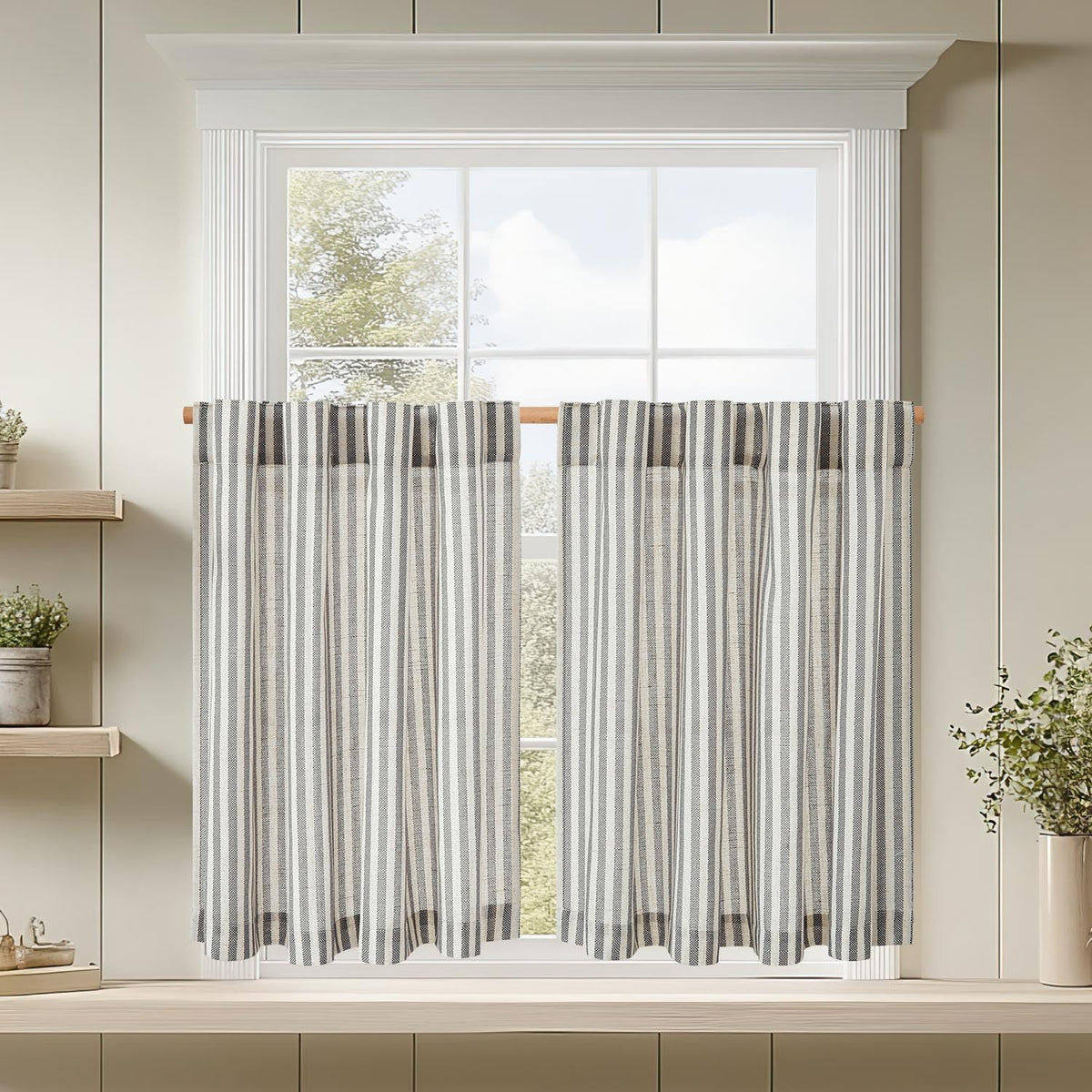 jinchan Striped Linen Kitchen Tier Curtains, 20 Inch, Tan, 2 Panels