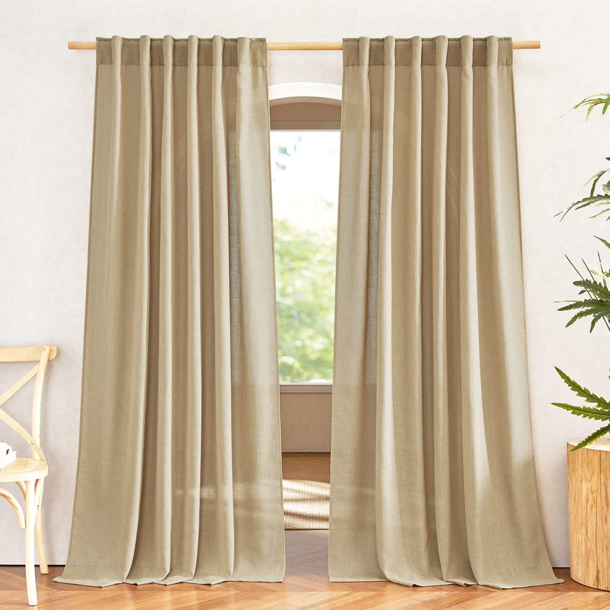 NICETOWN Natural Linen Kitchen Curtains 26 inches Long, Rod Pocket & Back Tab Semi Sheer Flax Window Treatments Rustic & Cute for Cafe/Kids Room, W37 x L26, 2 Panels