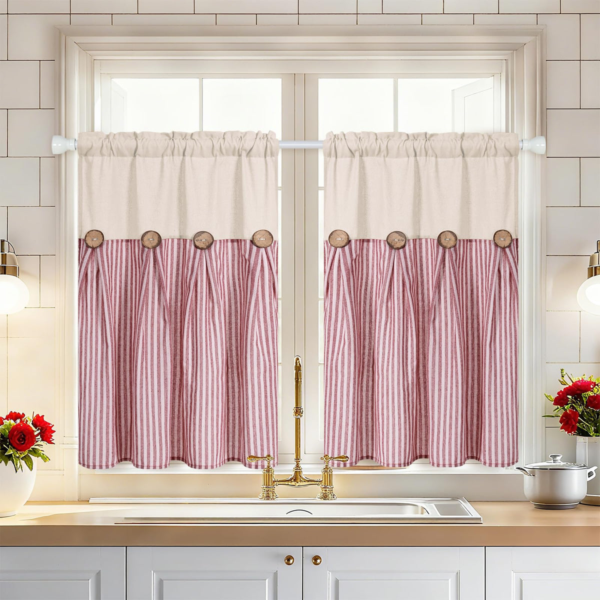 ASPMIZ Cotton Linen Kitchen Valance Curtains, Boho Rustic Button Linen Valances for Windows Farmhouse, Black with Grey Stripe Valance Window Topper Treatment Window Valances for Bathroom, 52 x 18 Inch