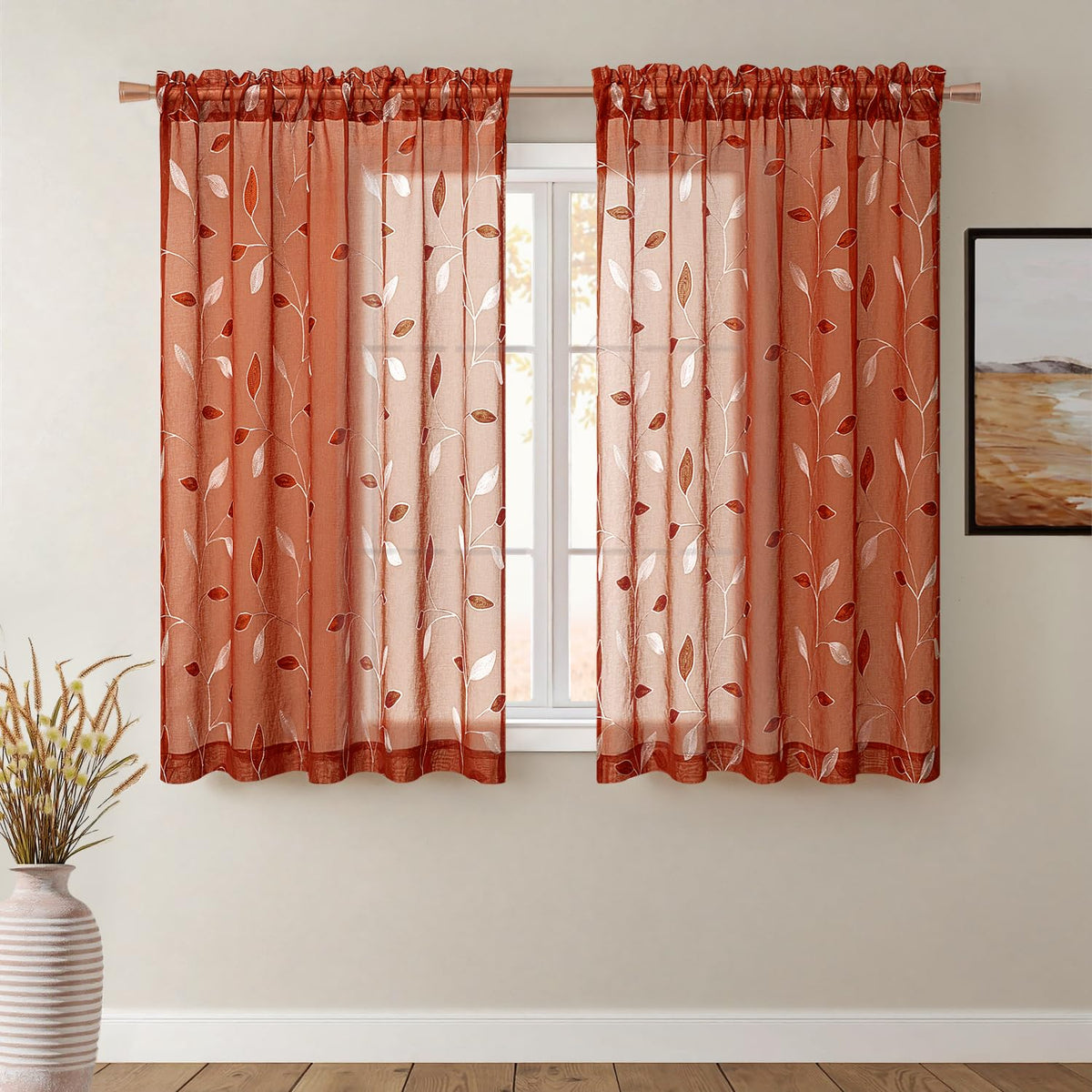 MIULEE Beige Sheer Curtains 2 Panels Embroidered Leaf Patterned, W52 x L63