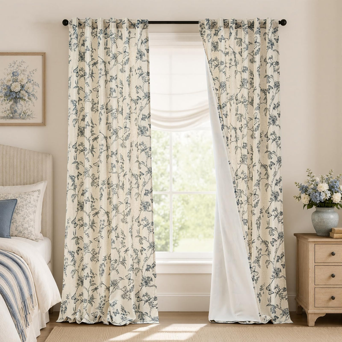 Lazzzy Green Floral Linen Curtains Farmhouse Rod Pocket 50W X 84L 2 Panels