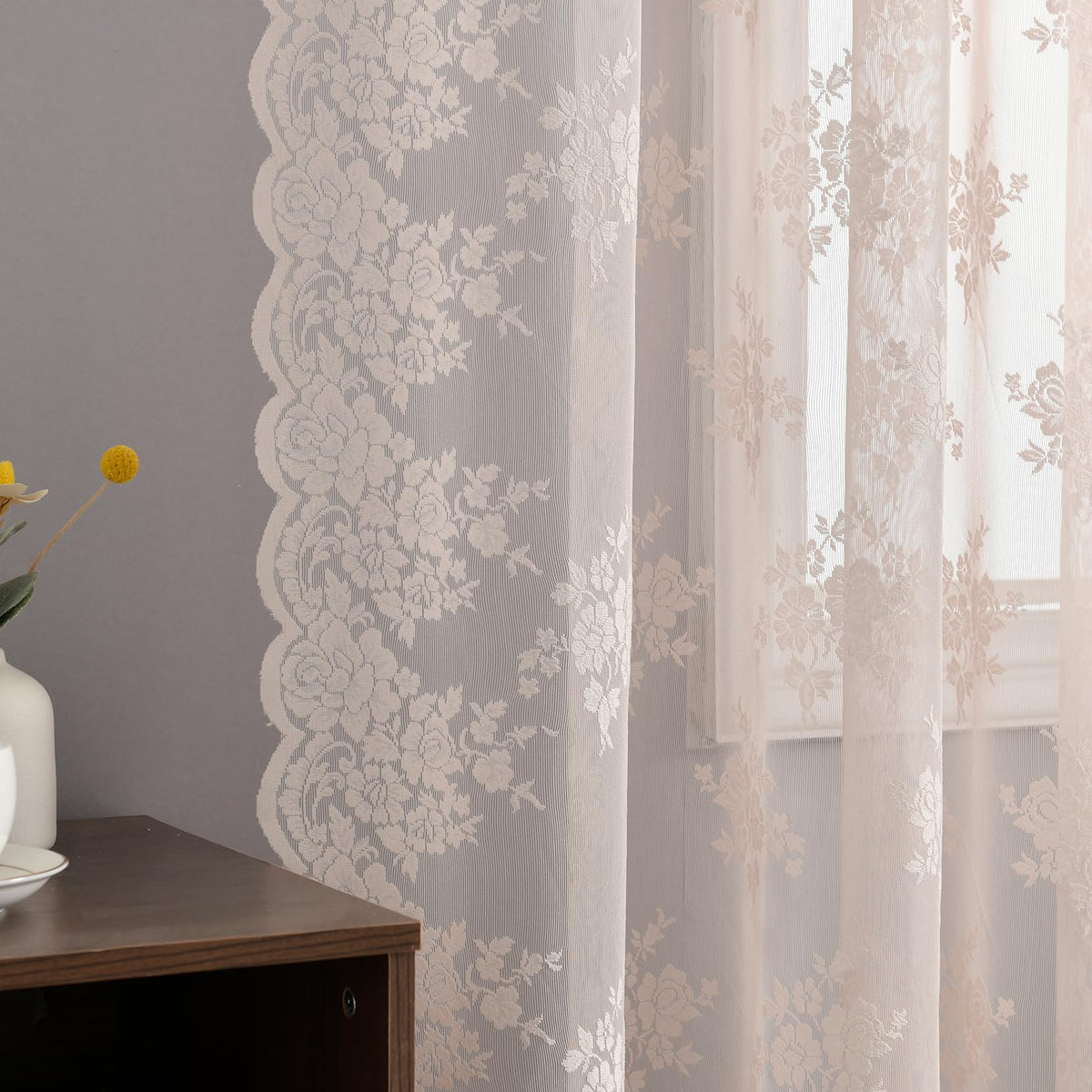 Kotile Short Beige Lace Curtains for Kitchen Windows W42xL45 Inch, 2 Panels