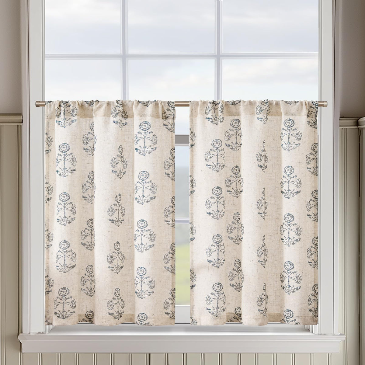 jinchan Hattie Floral Linen Kitchen Tier Curtains Beige 30 in 2 Panels
