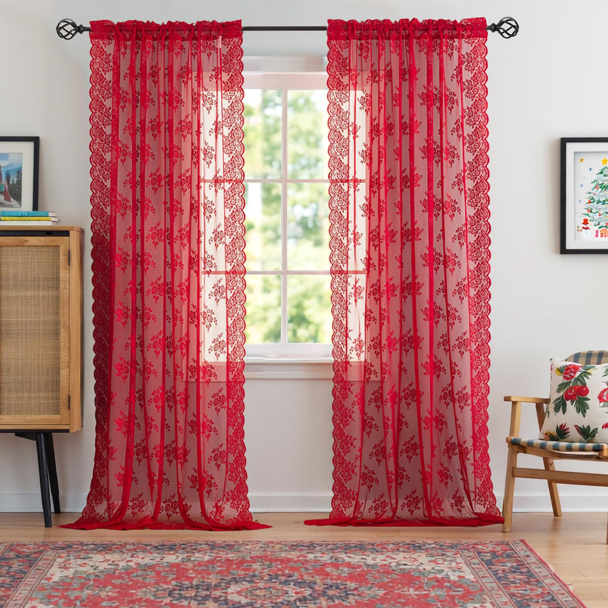Kotile Short Beige Lace Curtains for Kitchen Windows W42xL45 Inch, 2 Panels