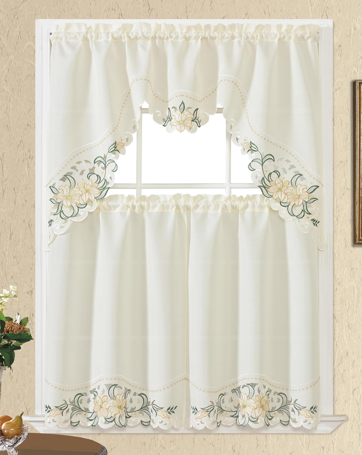 GOHD Lily Fragrance 3pcs Colorful Embroidery Kitchen Cafe Curtain Set.Beige