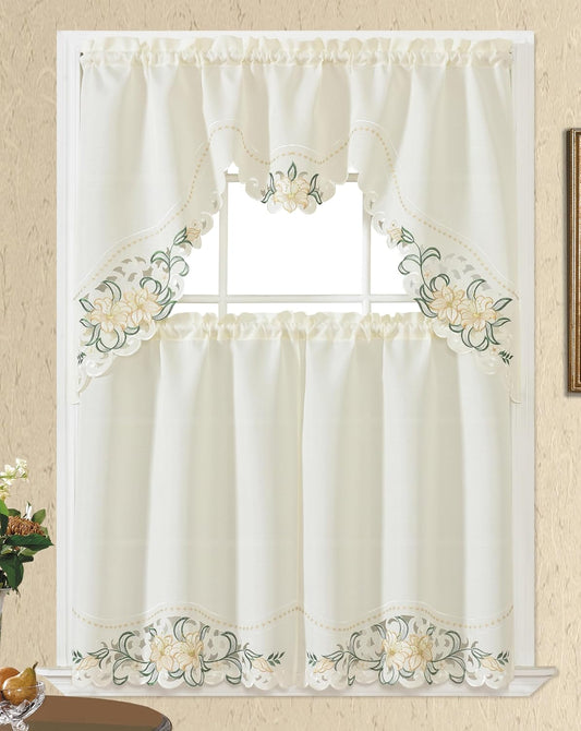 GOHD Lily Fragrance 3pcs Colorful Embroidery Kitchen Cafe Curtain Set.Beige