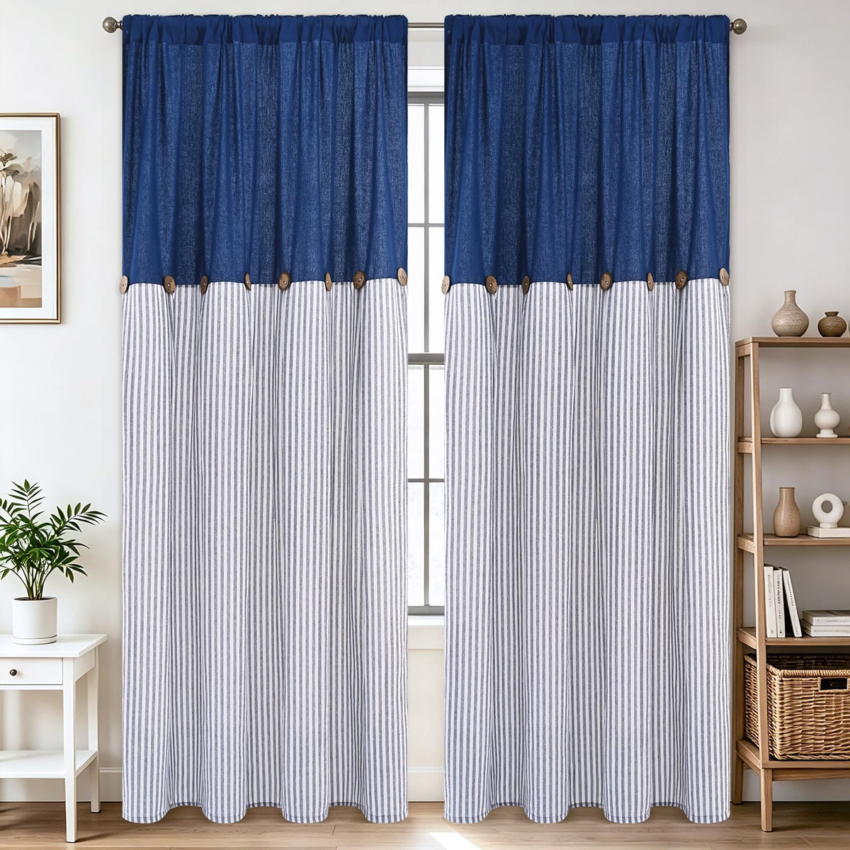 BLEUM CADE Farmhouse Kitchen Curtains 36 Inch, Cotton Linen Cafe Curtains with Rustic Buttons, Boho Small Window Curtains for Bathroom, Green Stripe Half Window Drapes Over Sink, 2 Panels