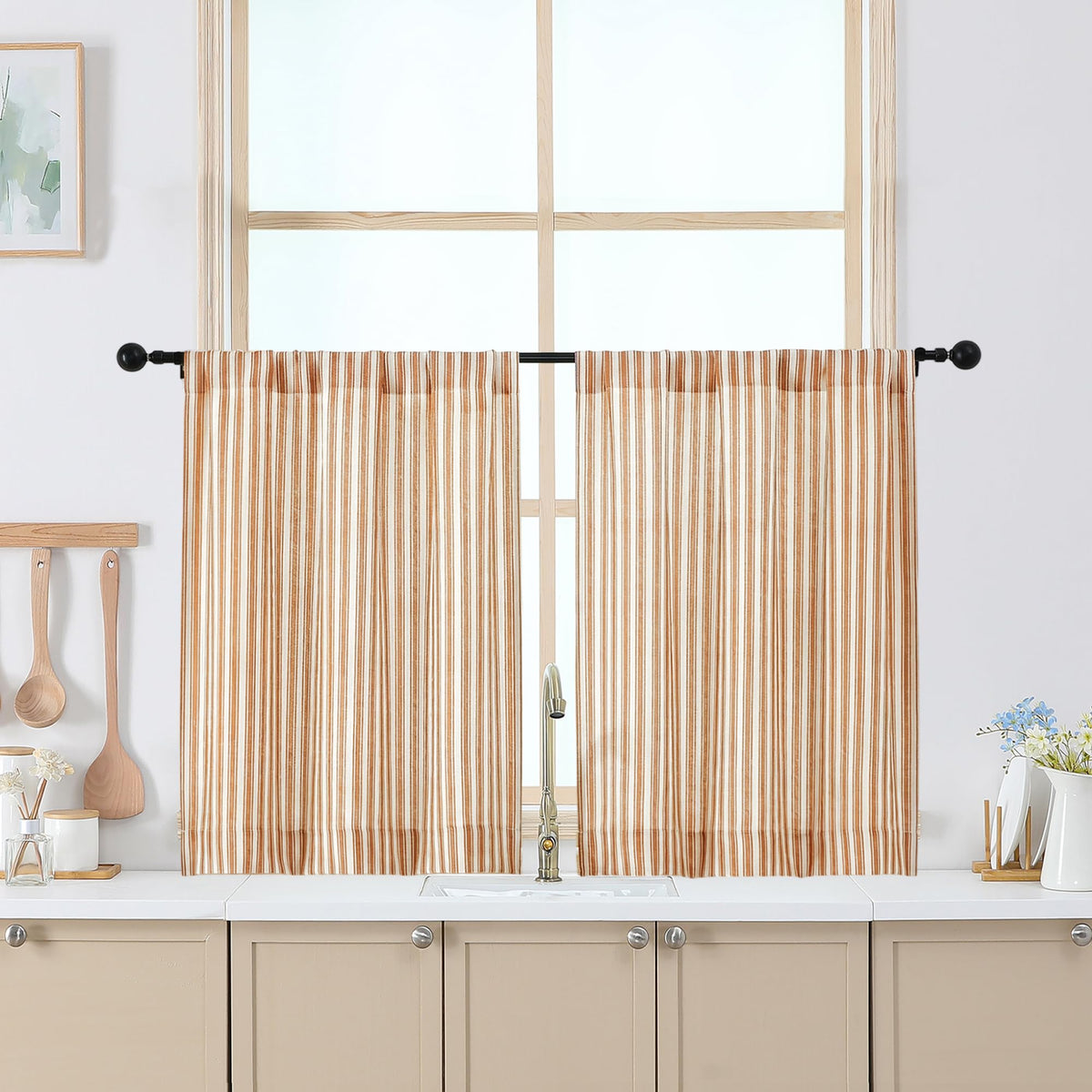 Chyhomenyc Striped Short Curtains 36 Inch Length - Light Filtering Faux Linen Living Room Tier Half Window Curtains, Farmhouse Modern Boho Curtain for Bathroom, 30Wx36L, 2 Pieces, Stone Blue