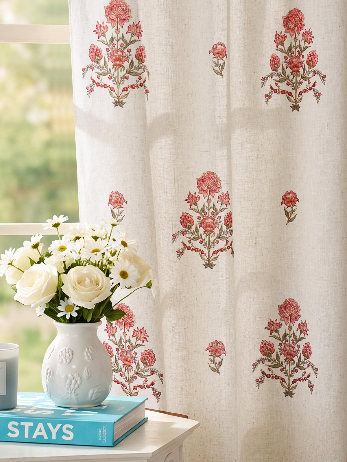 NICETOWN Sage Green Floral Linen Curtains Cafe Curtains, W26 x L36