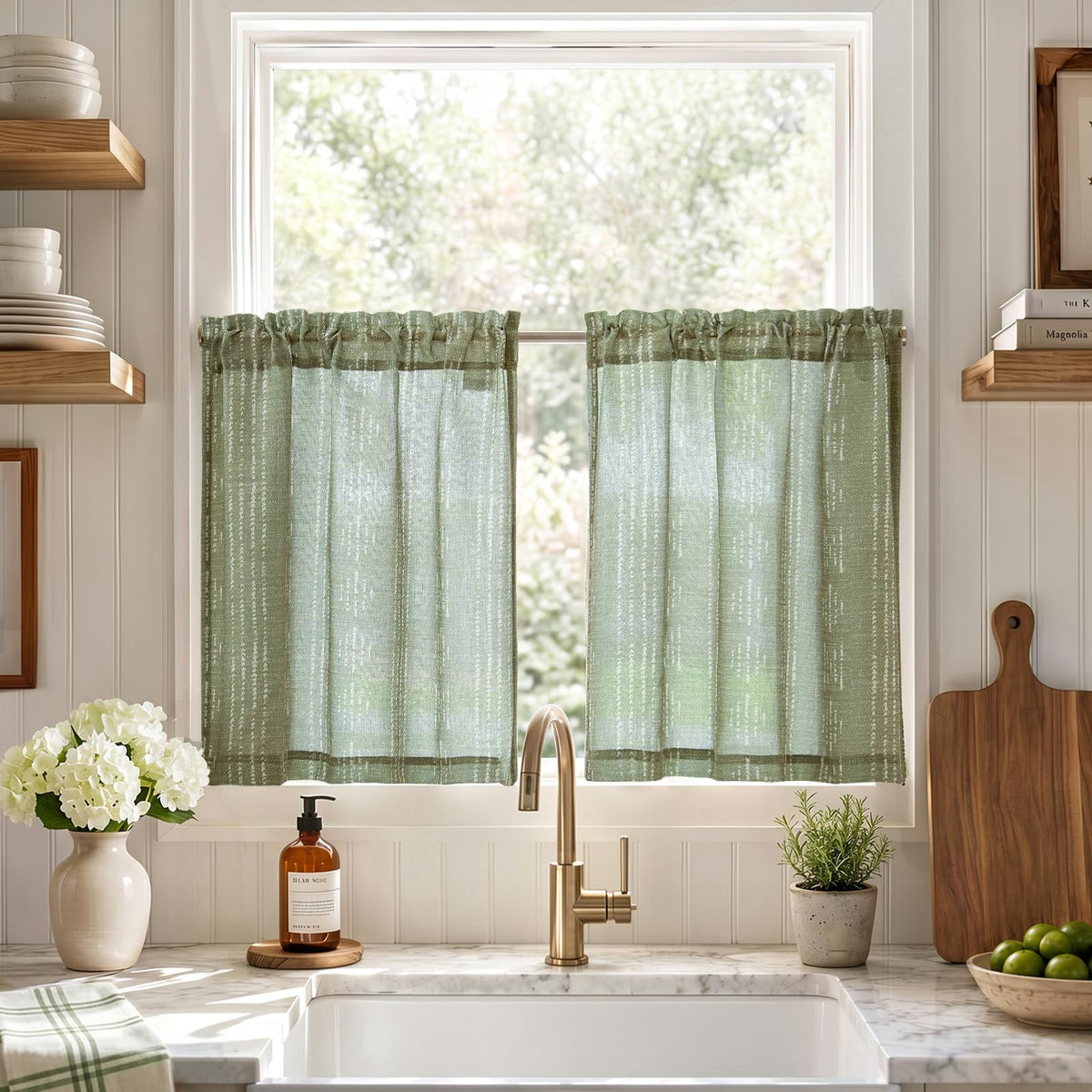 jinchan Linen Striped Tier Curtains for Kitchen Windows Farmhouse