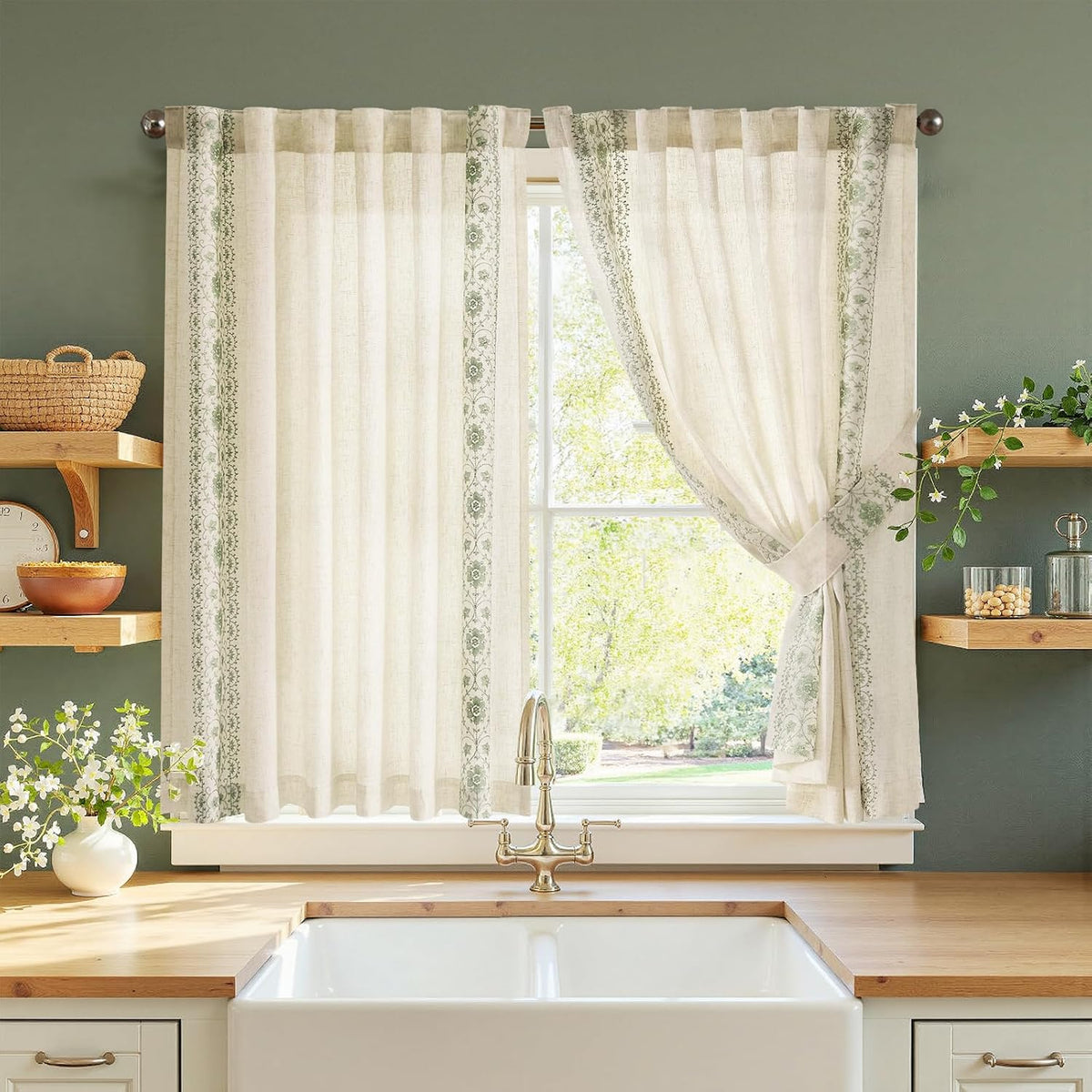jinchan Sage Floral Linen Kitchen Tier Curtains Back Tab 54×45 2 Panels
