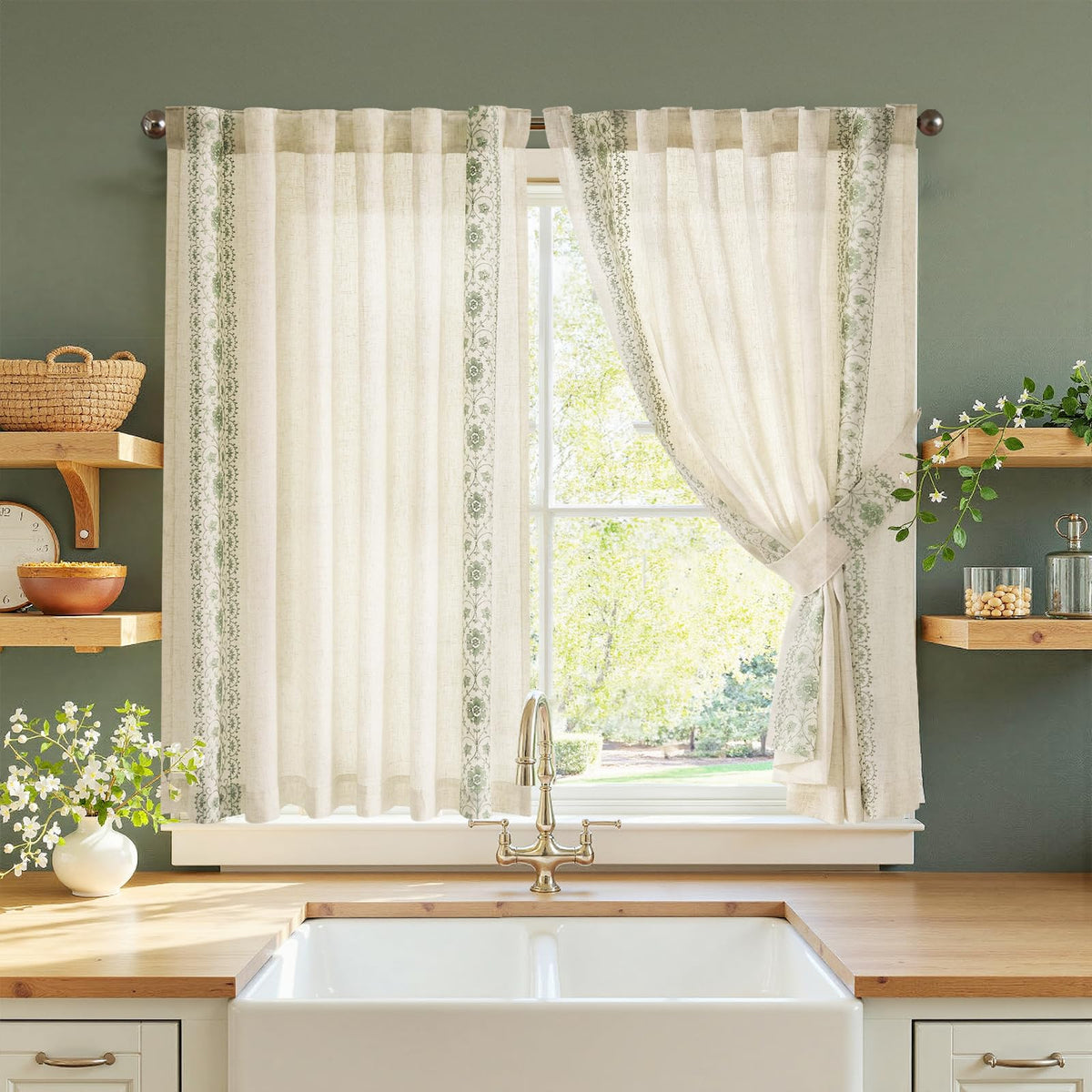 jinchan Sage Floral Linen Kitchen Tier Curtains Back Tab 54×45 2 Panels