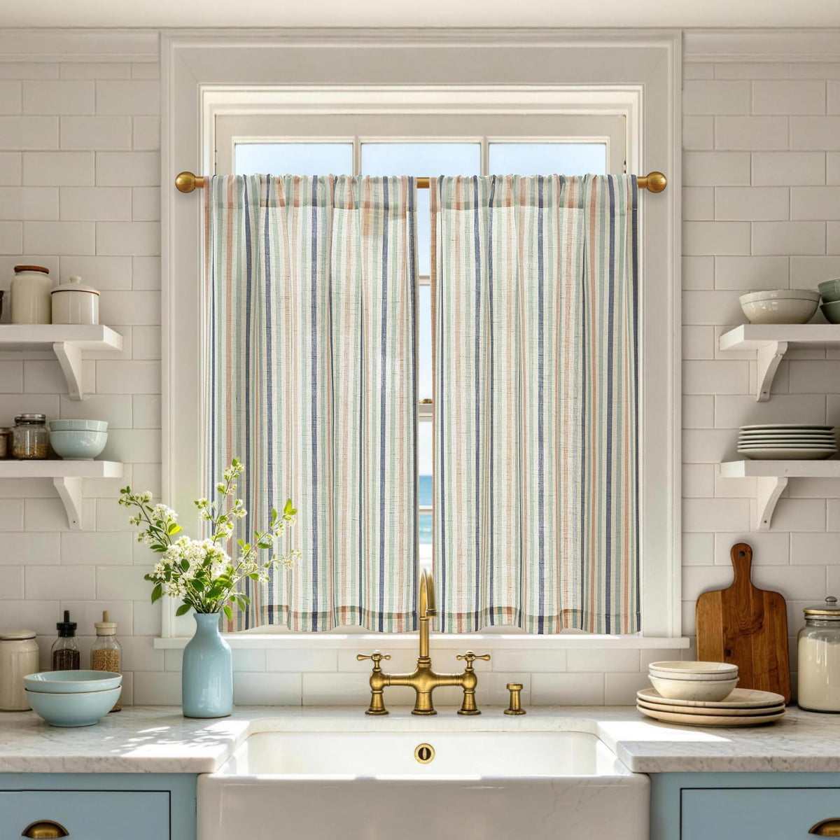 jinchan Striped Linen Kitchen Tier Curtains, 30 Inch, Sage Green, 2 Panels