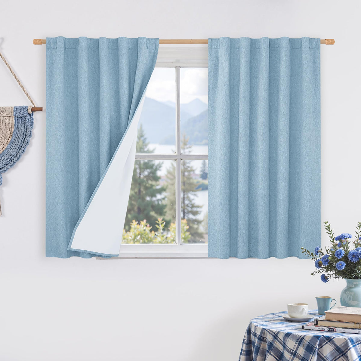 LAMIT Full Blackout Linen Kitchen Window Curtains 36 Inches Long, Ivory