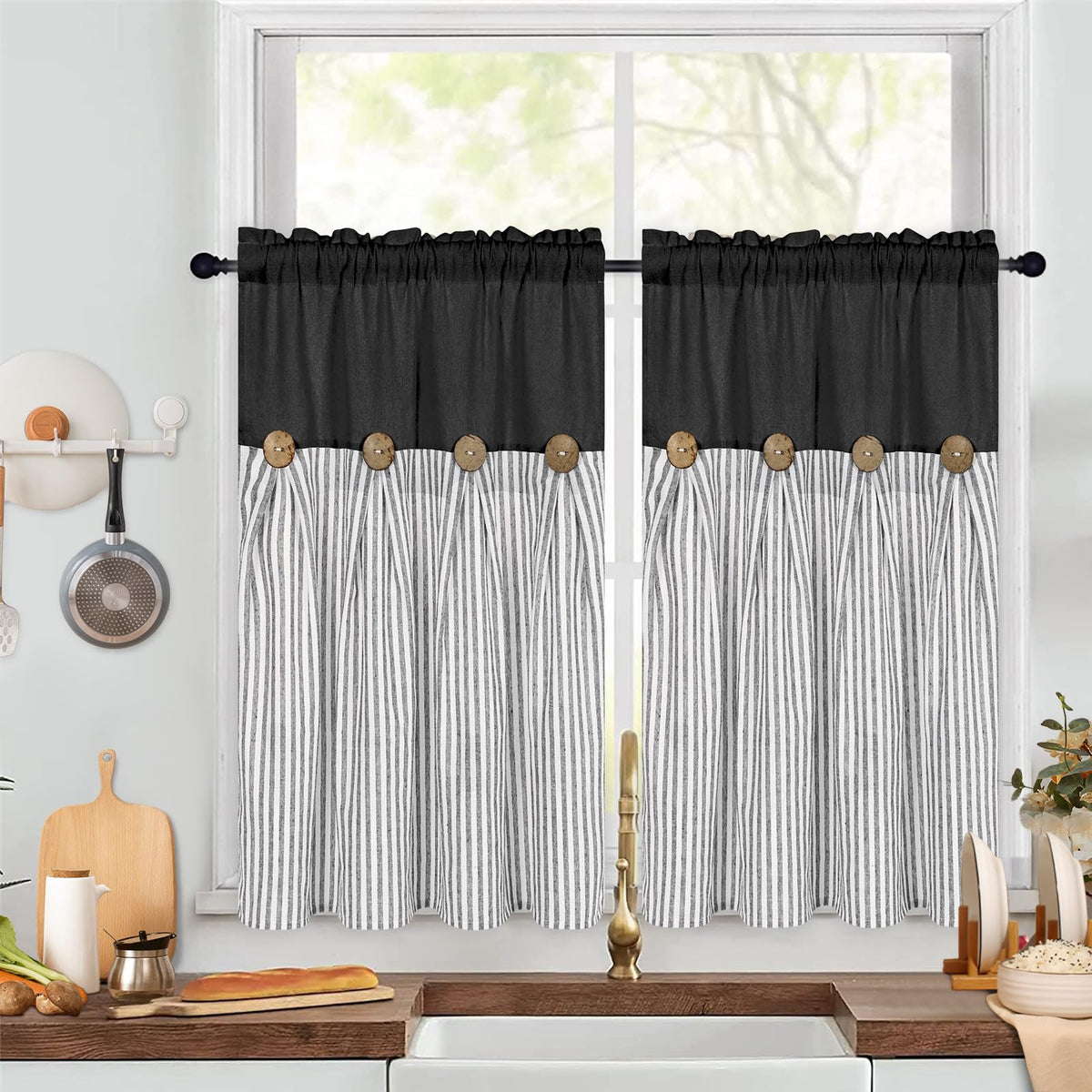 ASPMIZ Cotton Linen Kitchen Valance Curtains, Boho Rustic Button Linen Valances for Windows Farmhouse, Black with Grey Stripe Valance Window Topper Treatment Window Valances for Bathroom, 52 x 18 Inch