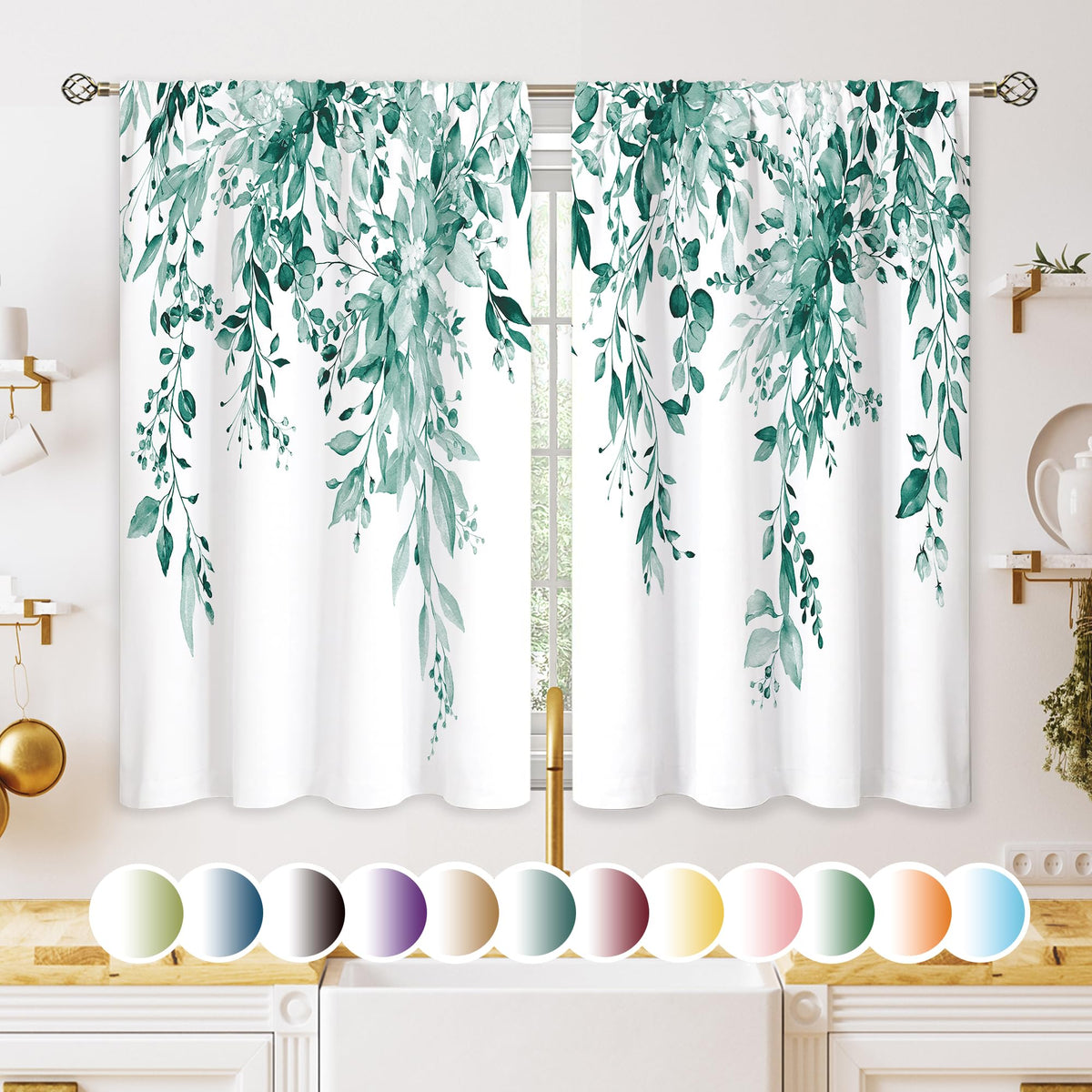 Eucalyptus Botanical Leaves Floral Kitchen Window Curtains Over Sink Boho Farmhouse Flower Leaf Small Window Treatment Sage Green Cafe Short Curtains for Bathroom Tier Drapes 27.5x39 inch