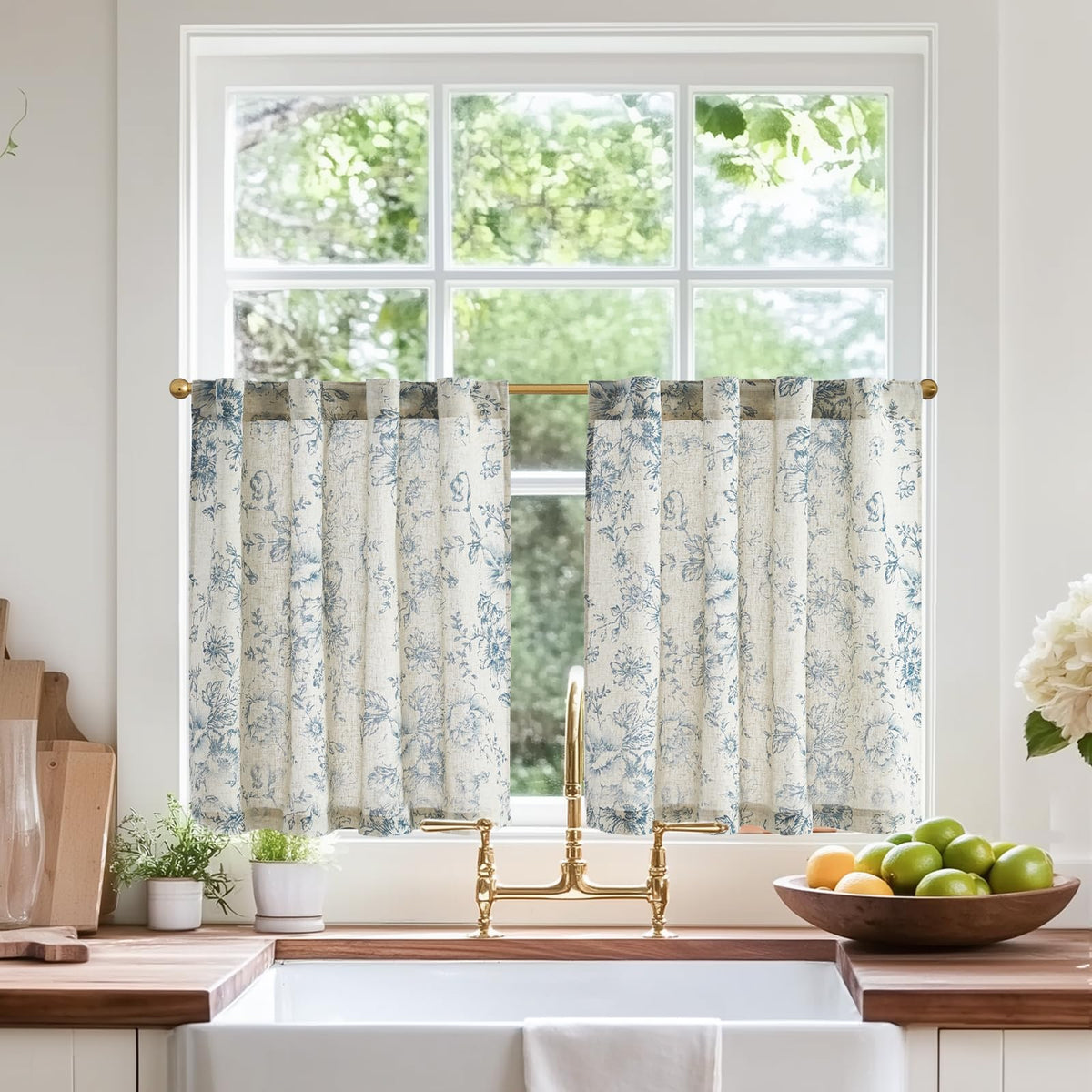 jinchan Hattie Floral Linen Kitchen Tier Curtains Beige 36 in 2 Panels