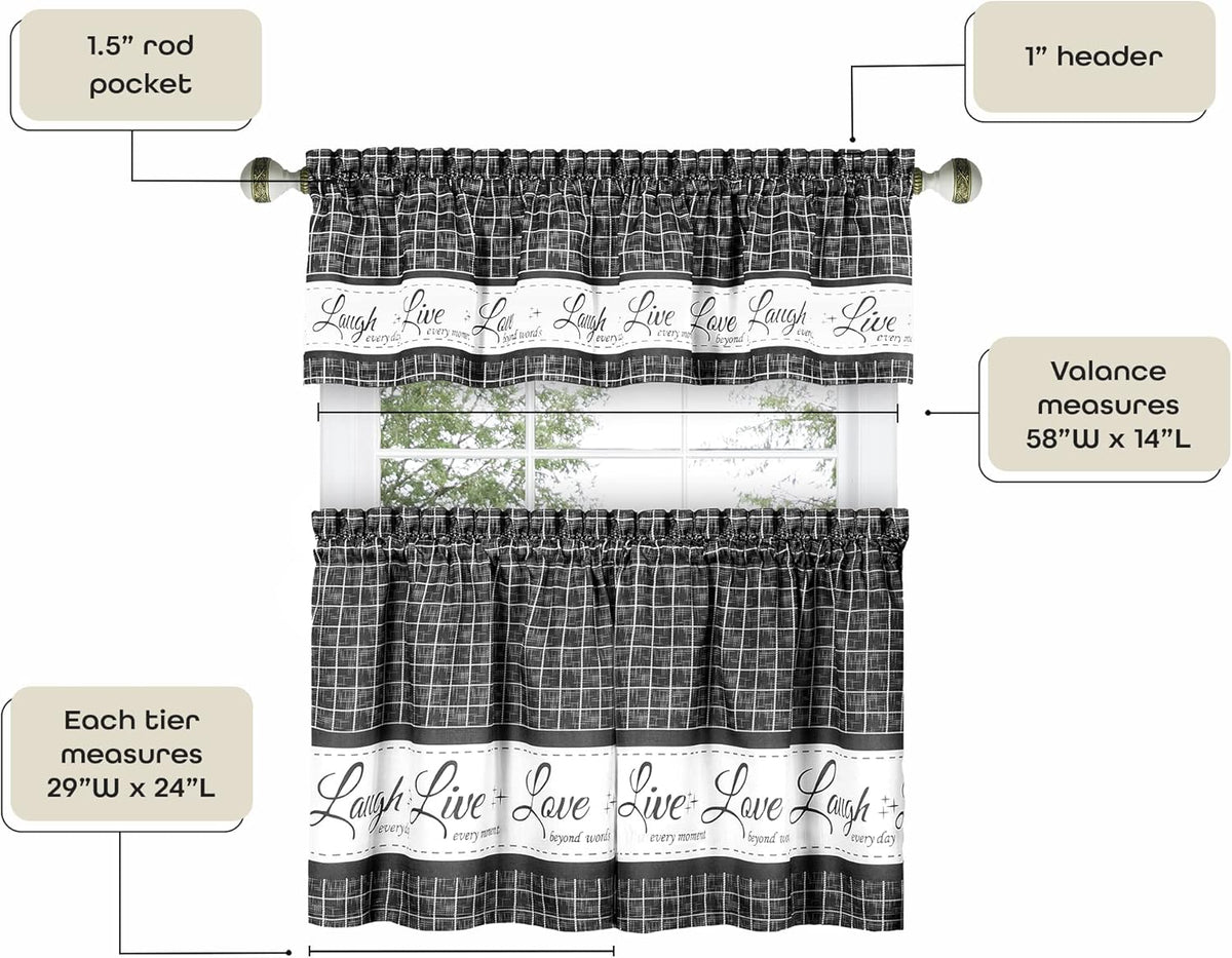 ACHIM Tier and Valance Curtain Set, 58 x 24 in, Charcoal, Light Filtering