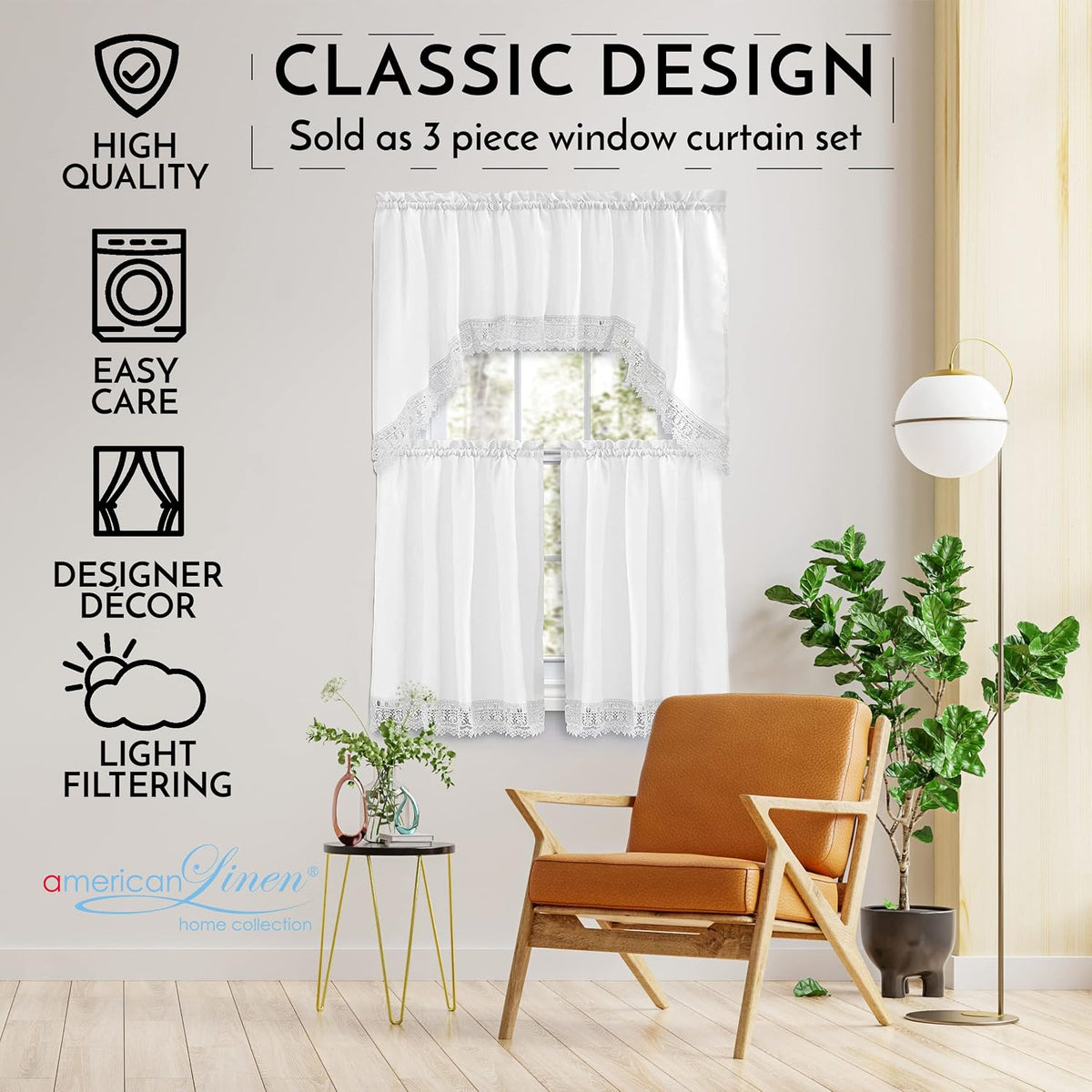 American Linen 3-Piece Kitchen Café Curtains with Embroidered Lace (White)