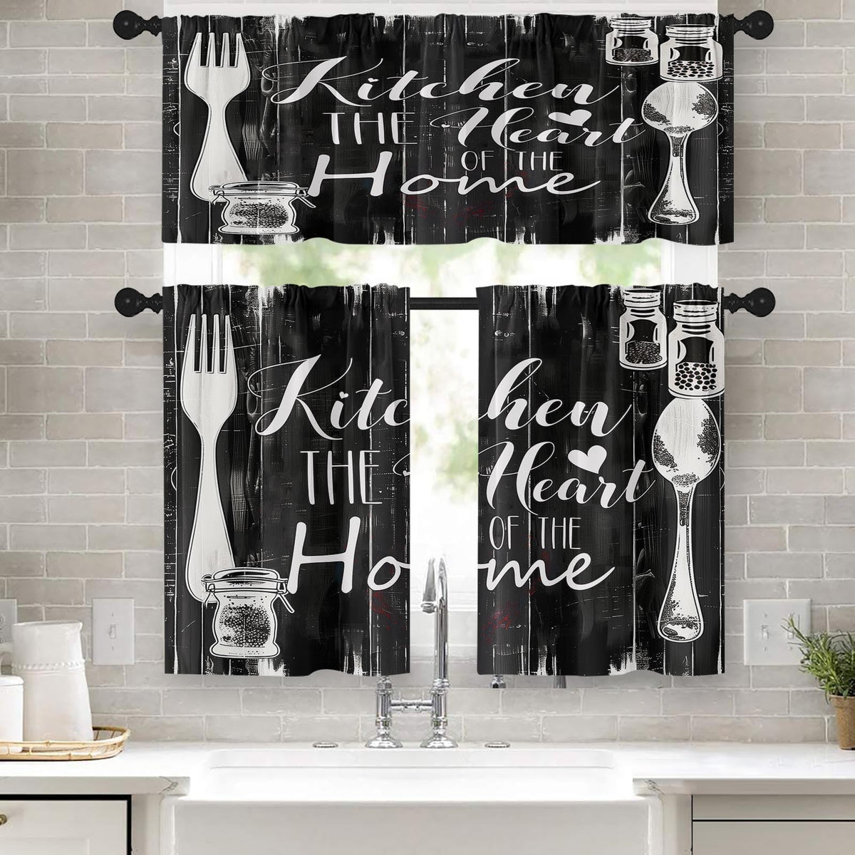 Emvency Kitchen Curtains Sets for Windows 52x36 Inch 3 Pack Farmhouse Wood