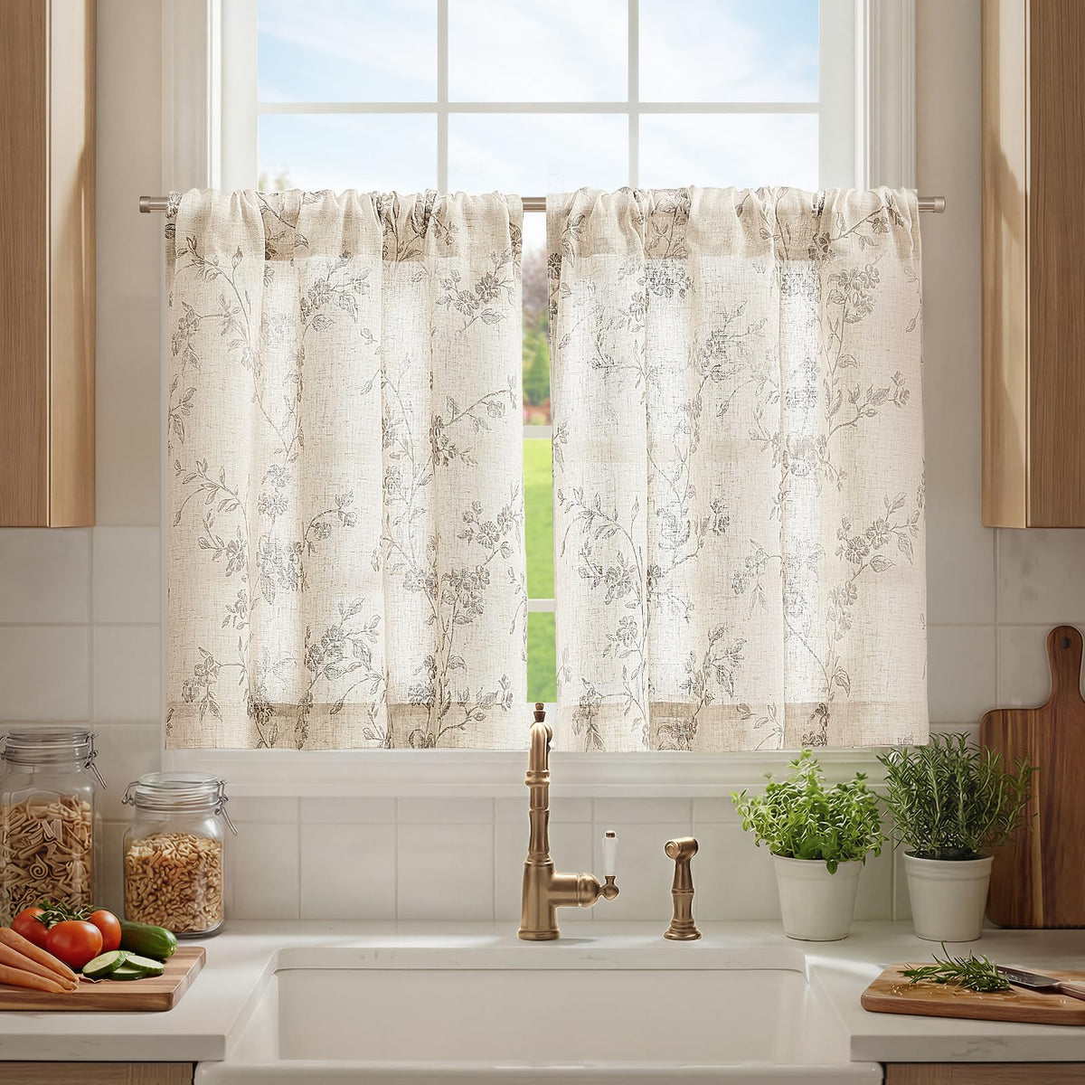 jinchan Floral Linen Kitchen Tier Curtains, 36 Inch, 2 Panels, Taupe