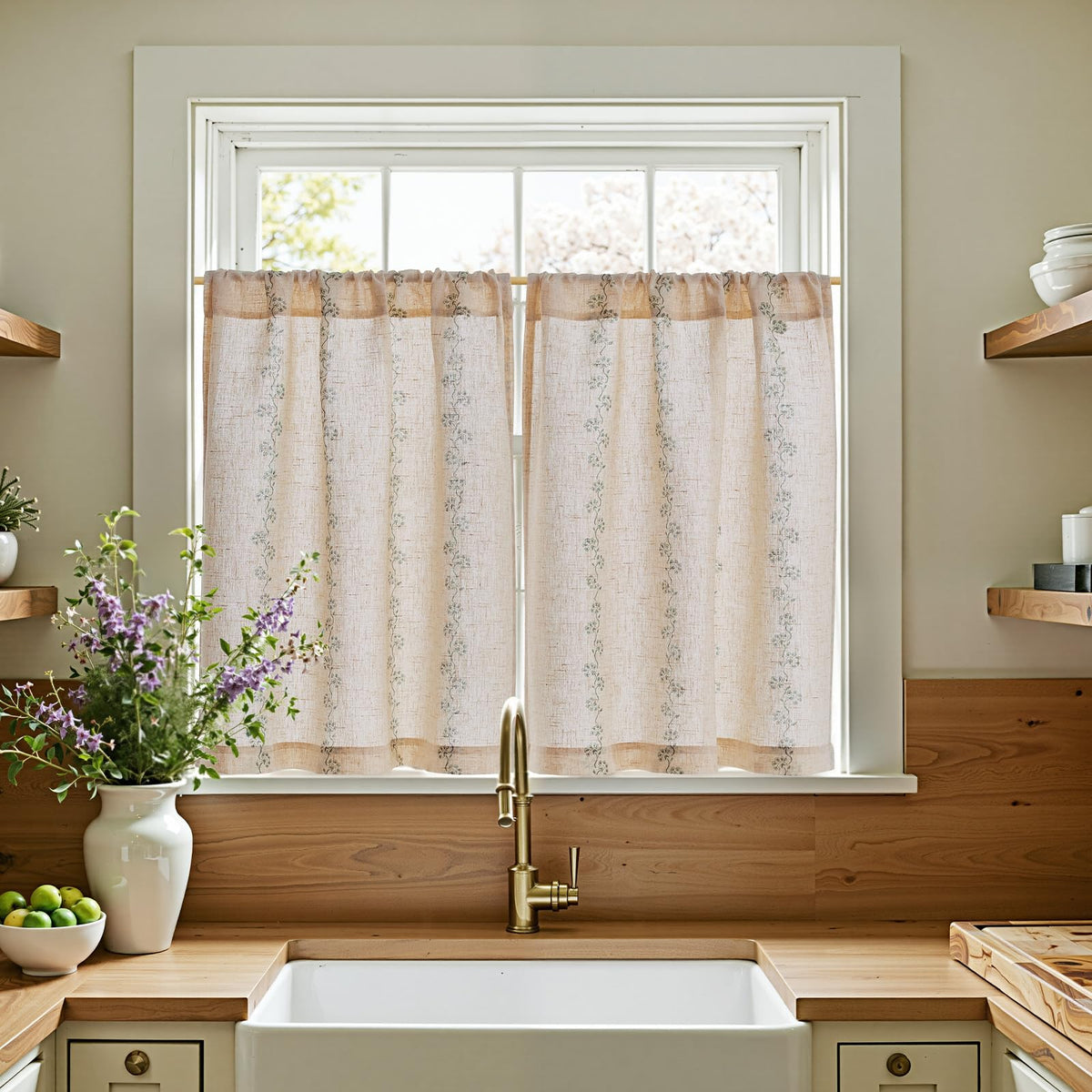 jinchan Hattie Floral Linen Kitchen Tier Curtains Beige 30 in 2 Panels