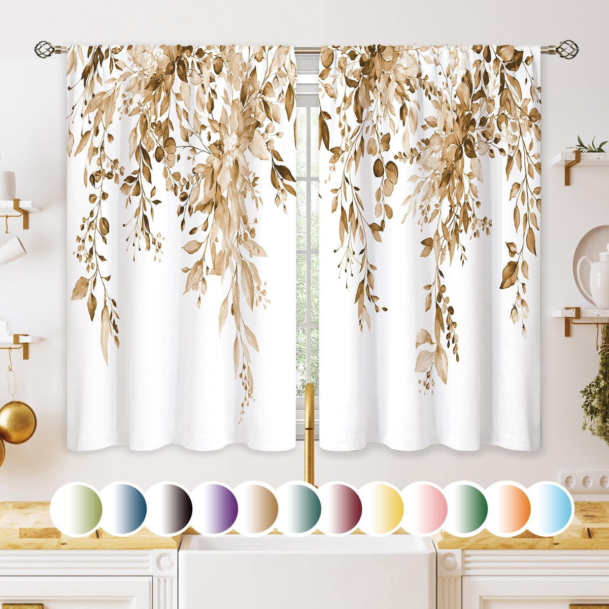 Eucalyptus Botanical Leaves Floral Kitchen Window Curtains Over Sink Boho Farmhouse Flower Leaf Small Window Treatment Sage Green Cafe Short Curtains for Bathroom Tier Drapes 27.5x39 inch