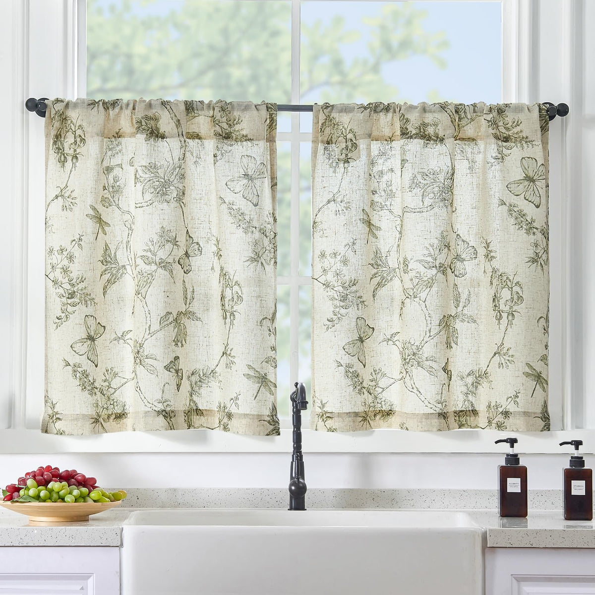 Lazzzy Green Floral Linen Curtains Farmhouse Rod Pocket 50W X 84L 2 Panels