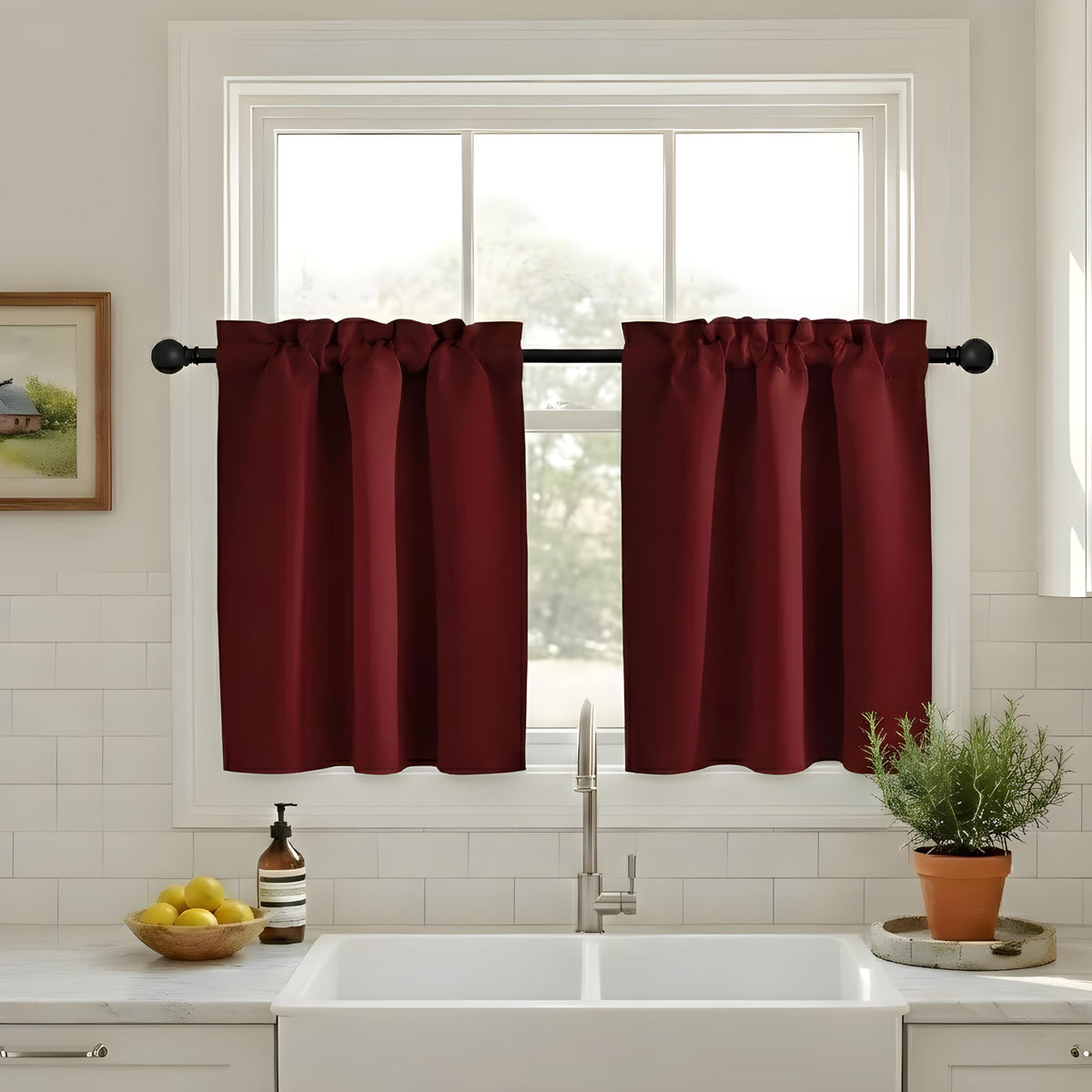 NICETOWN Burgundy Swag Curtains for Kitchen Over Sink 36 x 63 inches Long
