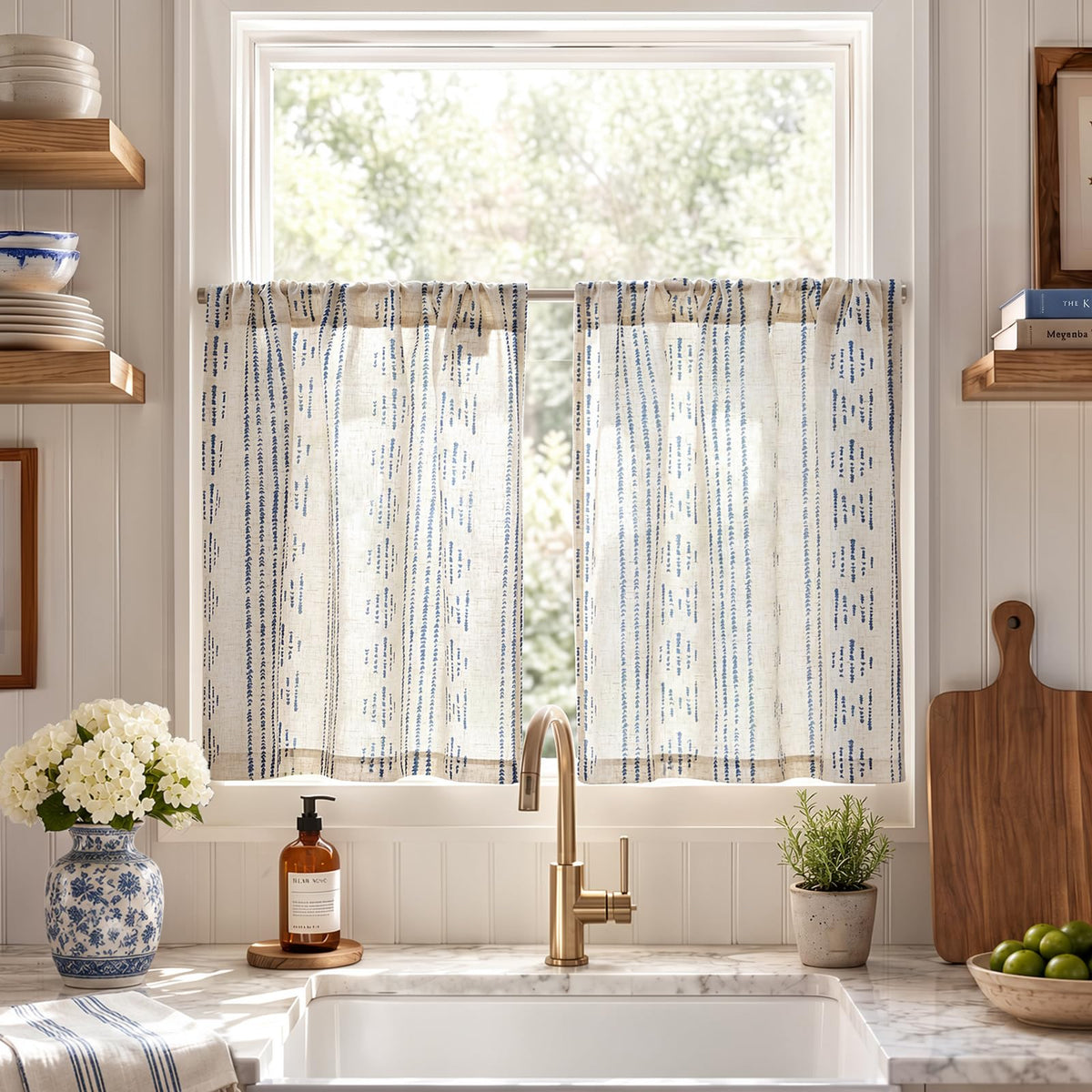 jinchan Linen Striped Tier Curtains for Kitchen Windows Farmhouse