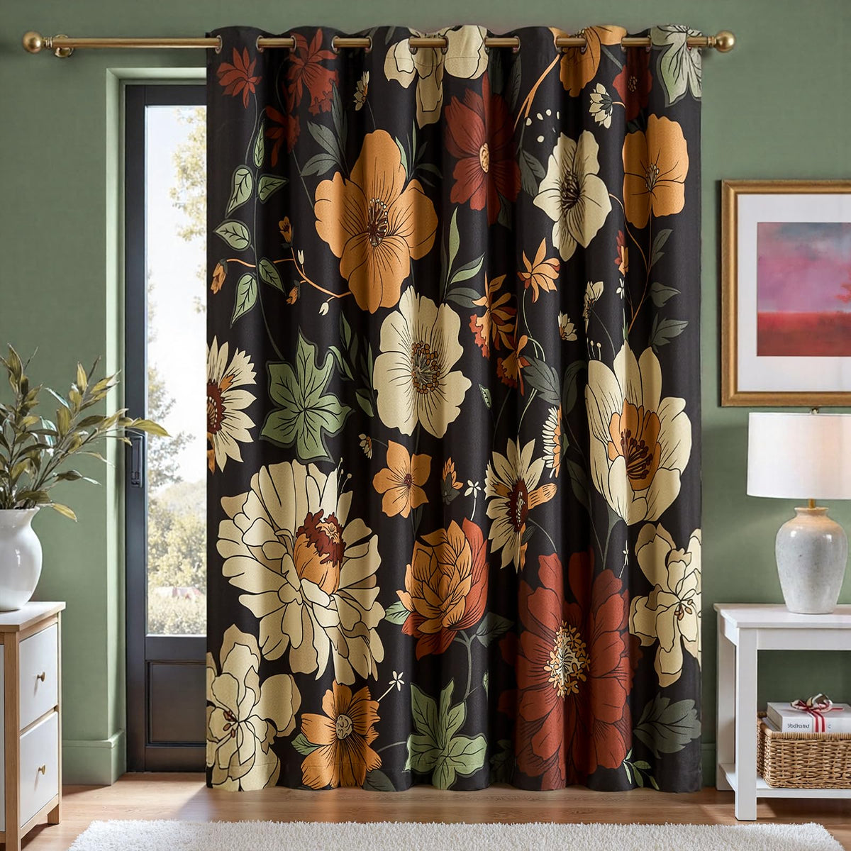 jinchan Black Boho Floral Blackout Curtains 84 Inch Grommet 2 Panels