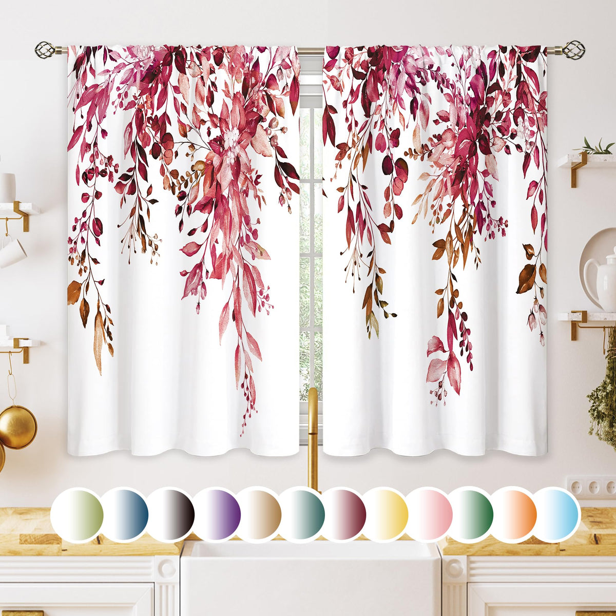 Eucalyptus Botanical Leaves Floral Kitchen Window Curtains Over Sink Boho Farmhouse Flower Leaf Small Window Treatment Sage Green Cafe Short Curtains for Bathroom Tier Drapes 27.5x39 inch