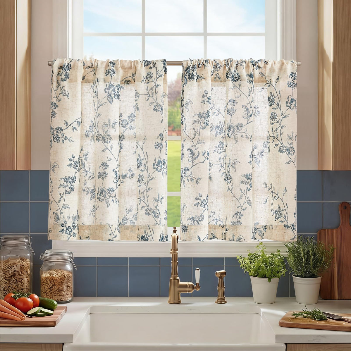 jinchan Floral Linen Kitchen Tier Curtains, 36 Inch, 2 Panels, Taupe