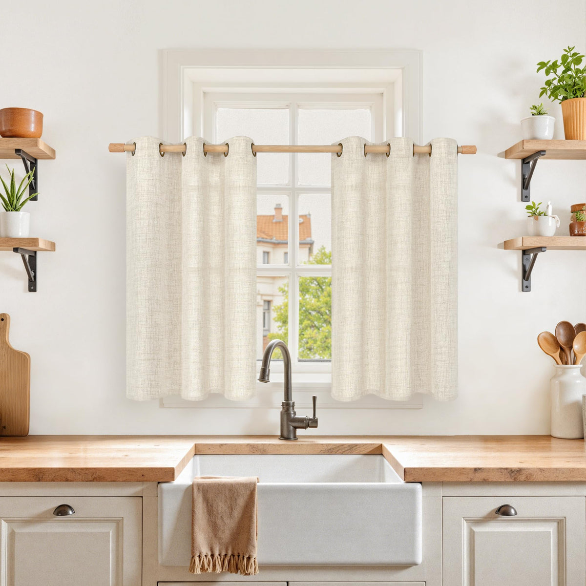 YoungsTex Linen Kitchen Window Curtains 40 Inch Length 2 Panels
