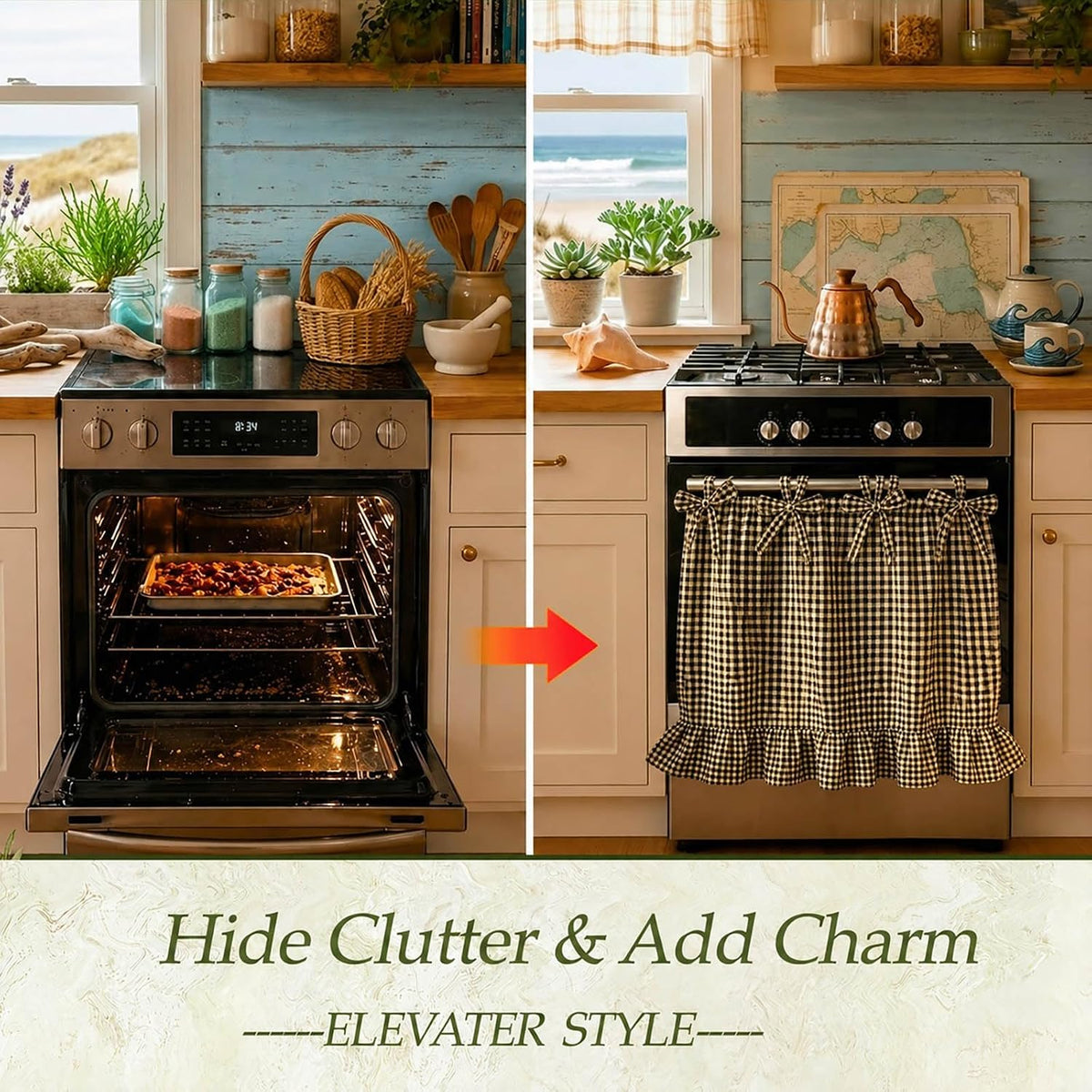 LOSOZO Oat Handmade Oven Skirt for Farmhouse Kitchen Décor, Oven Curtain Tie Top Decorative Cabinet Dish Washer Oven Curtains, Ruffled Fabric Appliance Cover with Ribbon Ties