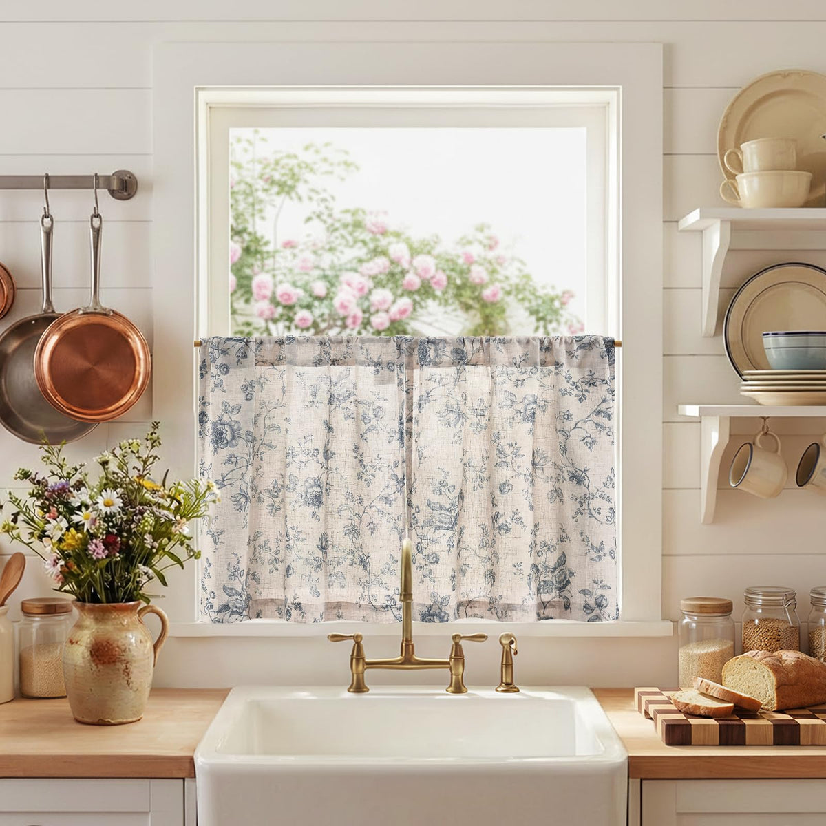 jinchan Floral Linen Kitchen Tier Curtains, 36 Inch, 2 Panels, Taupe