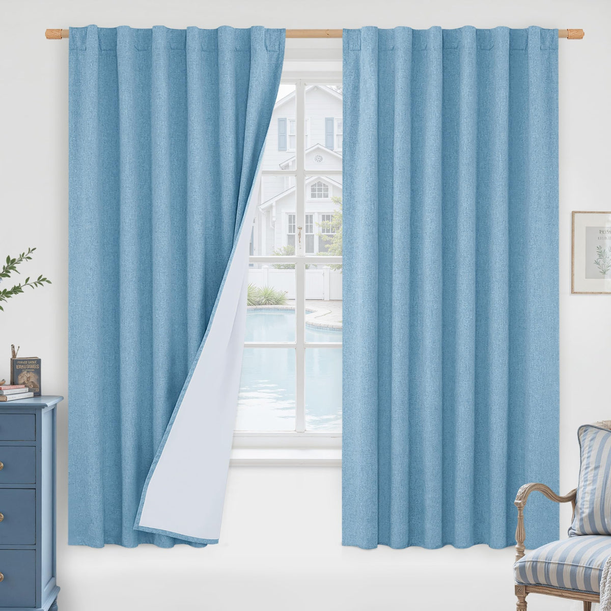 LAMIT Full Blackout Linen Kitchen Window Curtains 36 Inches Long, Ivory