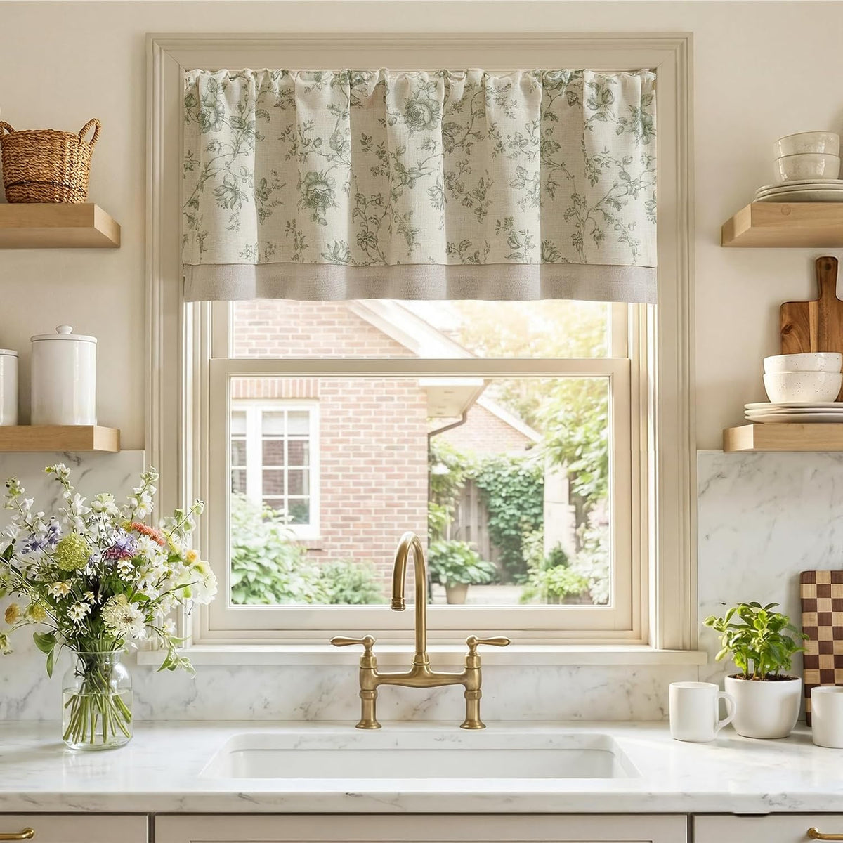 jinchan Amlie Floral Linen Valance Curtain Farmhouse 1 Panel 16 Inch Green