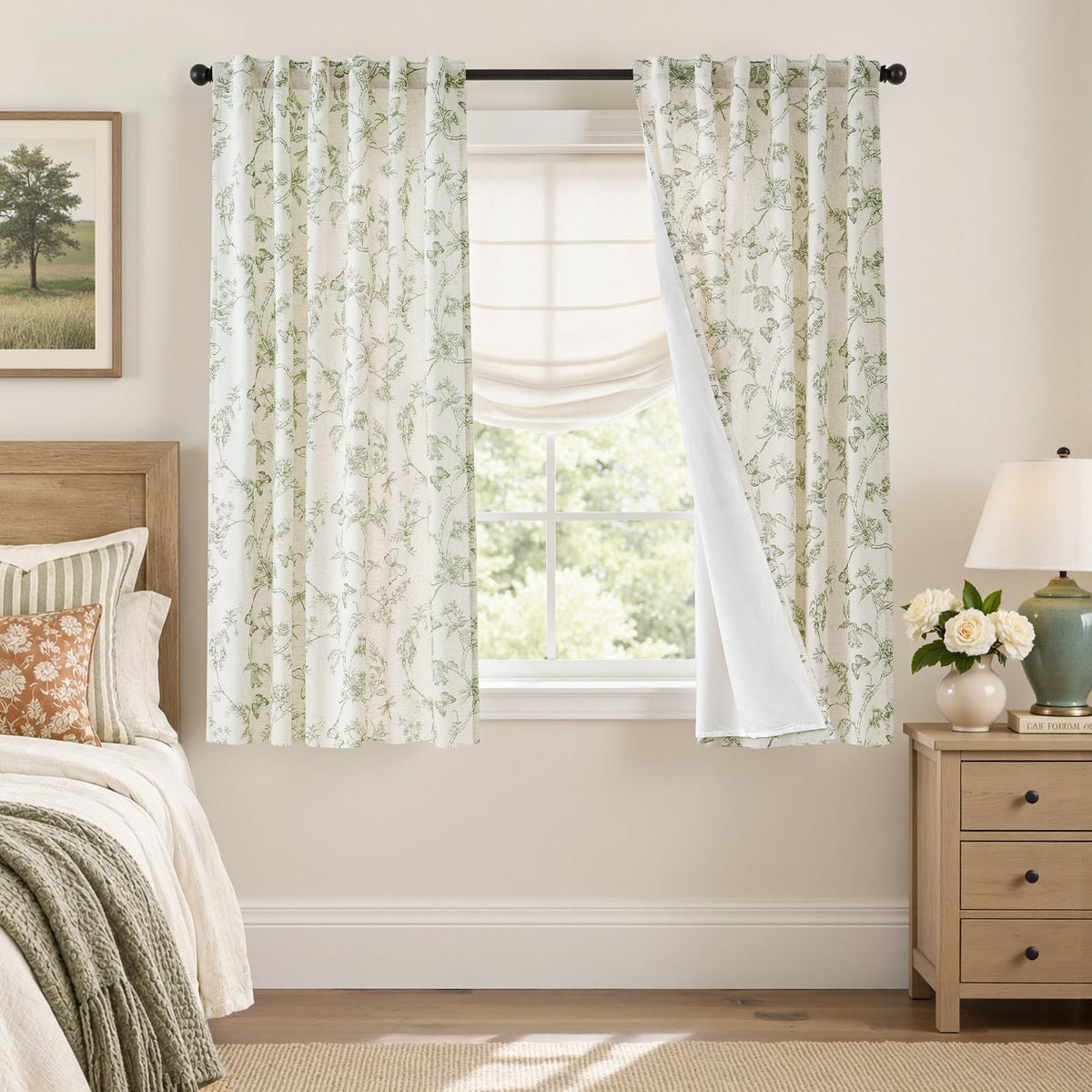 Lazzzy Green Floral Linen Curtains Farmhouse Rod Pocket 50W X 84L 2 Panels