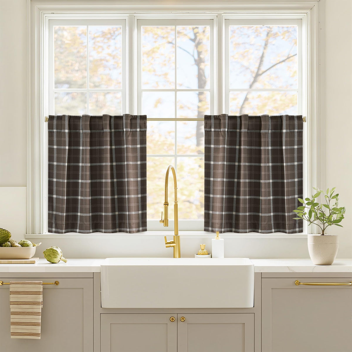 NICETOWN Olive Green Farmhouse Gingham Tiers Kitchen 100% Blackout Curtains